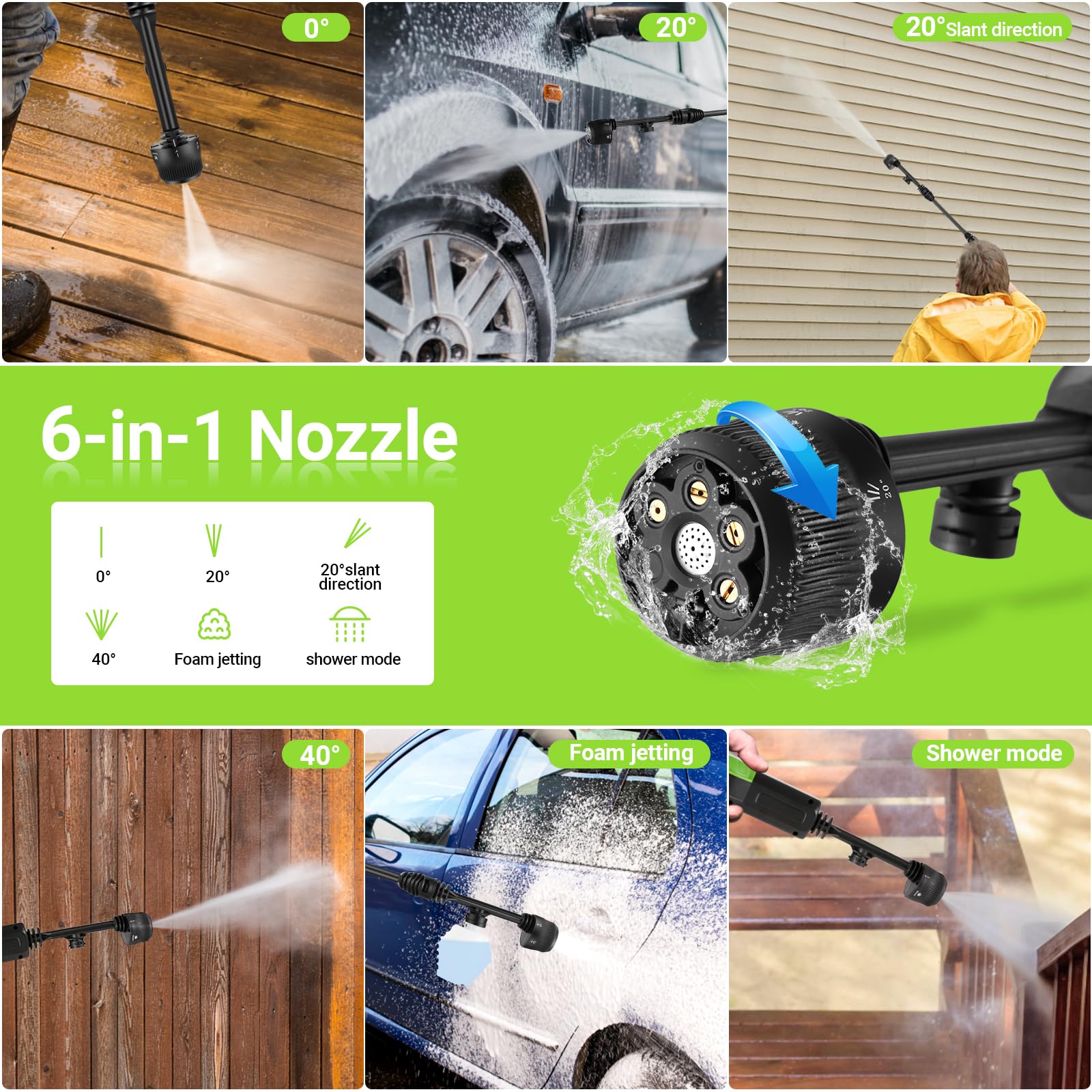 Homdox Upgraded 1300PSI Cordless Pressure Washer with 40V Battery - Portable Power Washer with 6-in-1 Nozzle & Soap Container - Ideal for Car Washing, Patio Cleaning, and Outdoor Home Maintenance (Black & Green)