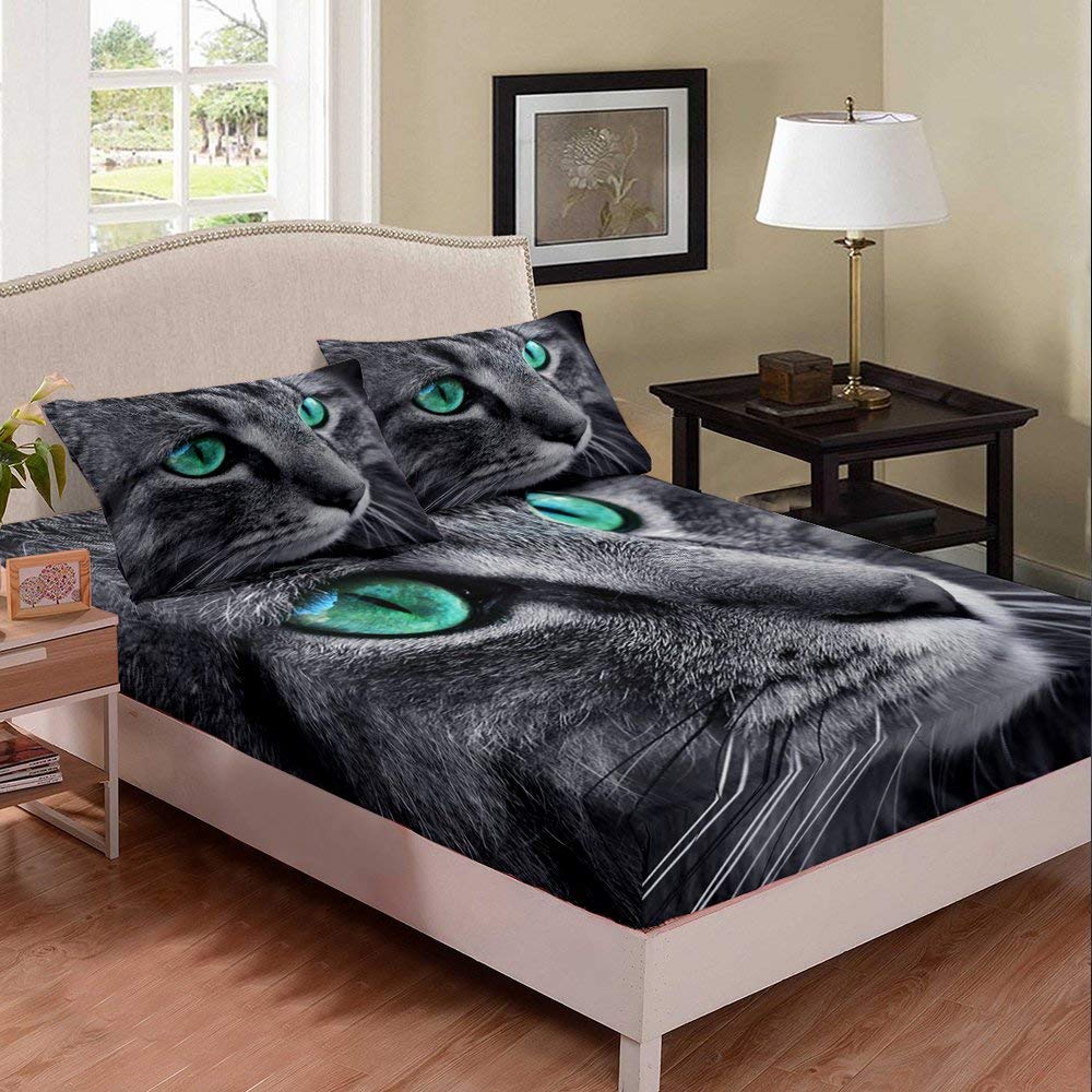3D Green Eyes Cat Printed Twin Bed Sheet Set - Ultra Soft & Warm Fitted Sheet & Pillowcase for Teens, Kids, and Pet Lovers - Perfect for Cozy Bedrooms, Dorm Rooms, and Gift Giving (2-Piece Set)