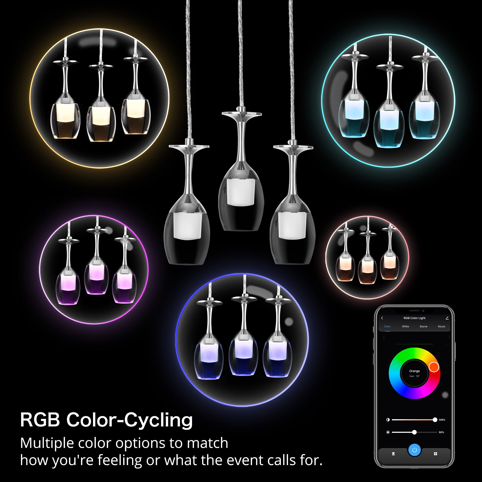 Bacchus Clear Acrylic Red Wine Glass Shaped Smart RGB LED Pendant Light - Modern Home Bar, Restaurant, and Wine Cellar Lighting Decor