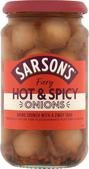 Sarsons Hot and Spicy Silverskin Onions 460g (1 Pack) - Tangy Pickled Onions for Burgers, Salads & Charcuterie Boards - Perfect for BBQs, Picnics & Party Snacks