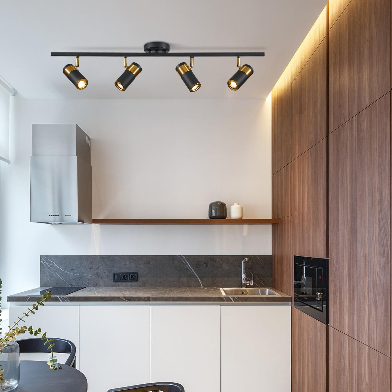 4-Light Matte Black Track Lighting Kit - Modern Flush Mount Ceiling Spot Lights for Bedroom, Living Room, Kitchen Island - Dimmable LED Fixtures for Home & Office Lighting