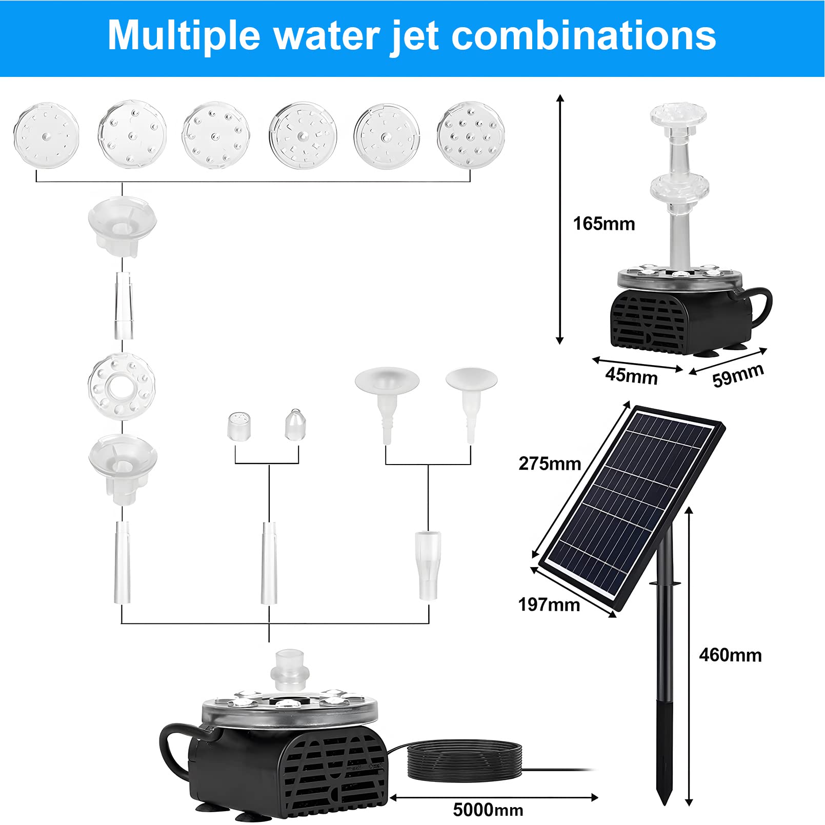 7W Solar Fountain Pump with 3000mAh Built-in Battery, Dual Nozzle Floating Solar Water Pump for Garden, Pond, Birdbath - 10 Spray Patterns for Outdoor Decoration & Relaxation