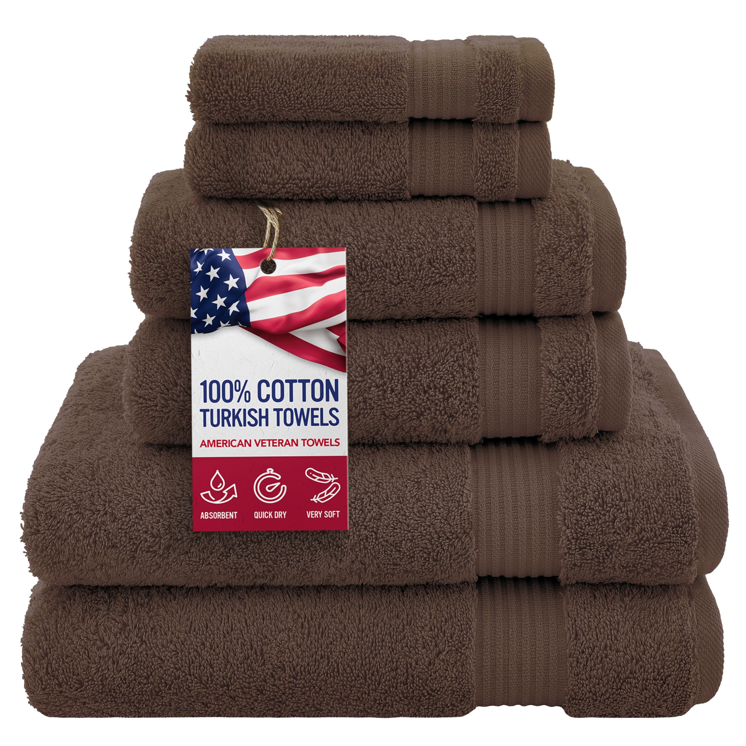 Premium 100% Cotton Turkish 6-Piece Bath Towel Set - 2 Bath Towels, 2 Hand Towels & 2 Washcloths - Soft Luxury Bathroom Essentials in Rich Brown - Perfect for Spa, Guest Bathrooms & Upscale Hotels