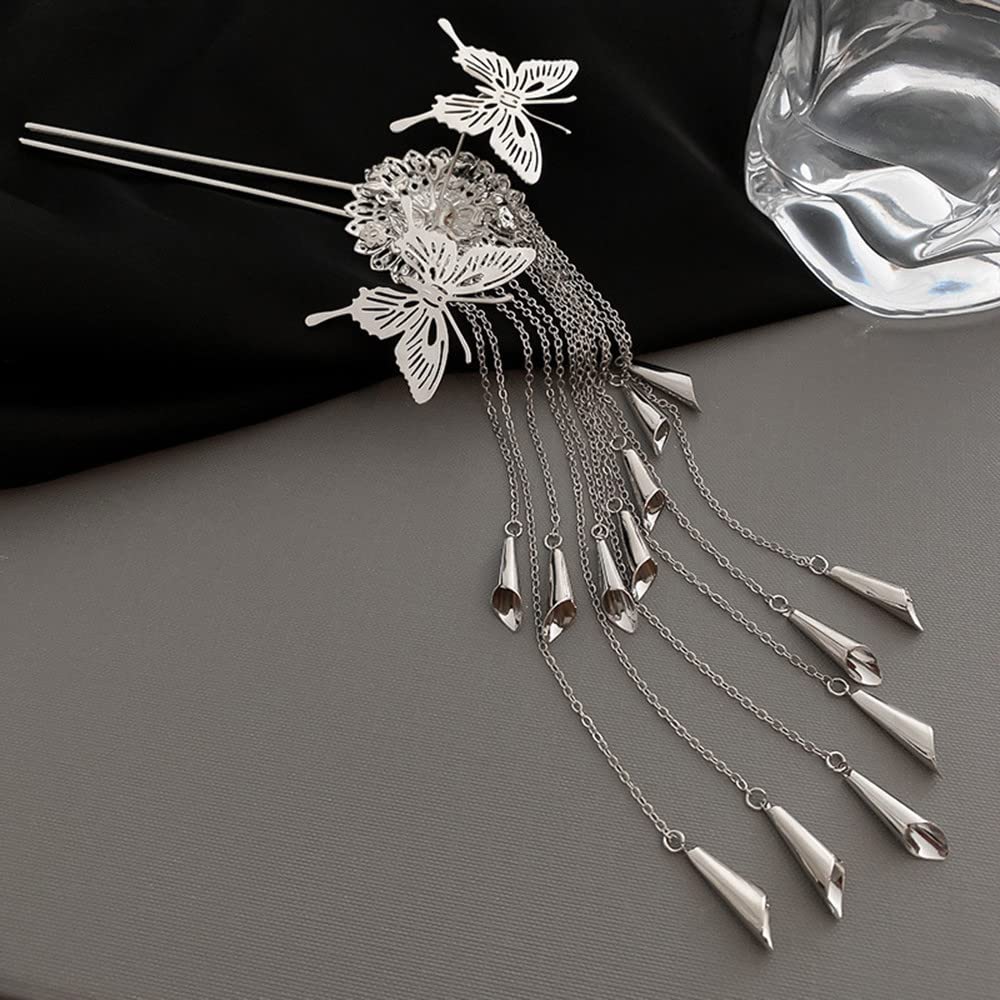 Butterfly Hair Stick with Silver Tassel - Chinese Hairpin for Women & Girls - Wedding & Party Accessory