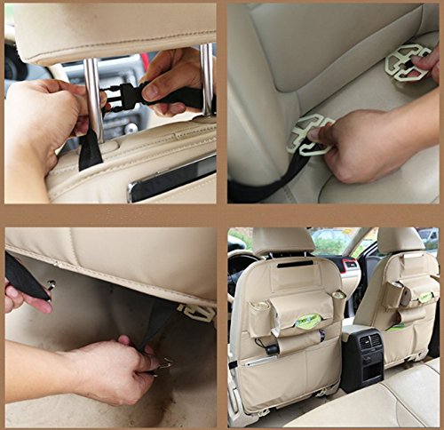 HCMAX 2 Pack Car Seat Back Organizer - PU Leather Storage Pocket with iPad Mini Holder, Cup Holders & Tissue Box - Backseat Protector & Kick Mat for Travel Accessories (Black) - Perfect for Road Trips, Family Vacations & Daily Commutes