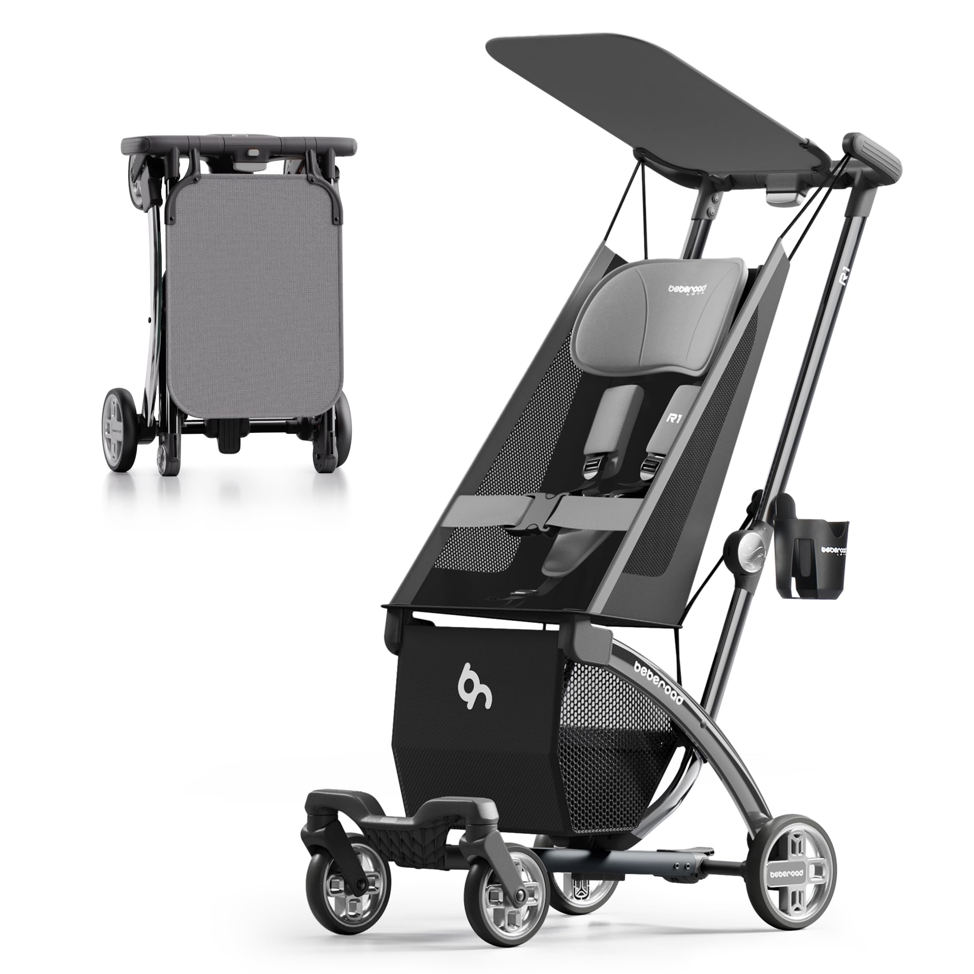 Beberoad R1 Auto-Folding Ultra Lightweight Baby Stroller for Travel - Compact Airplane-Friendly Stroller for Infants & Toddlers (6-36 Months), Only 11.5 lbs, Converts to Double Stroller, Gray - Perfect for Air Travel, Shopping & Everyday Use