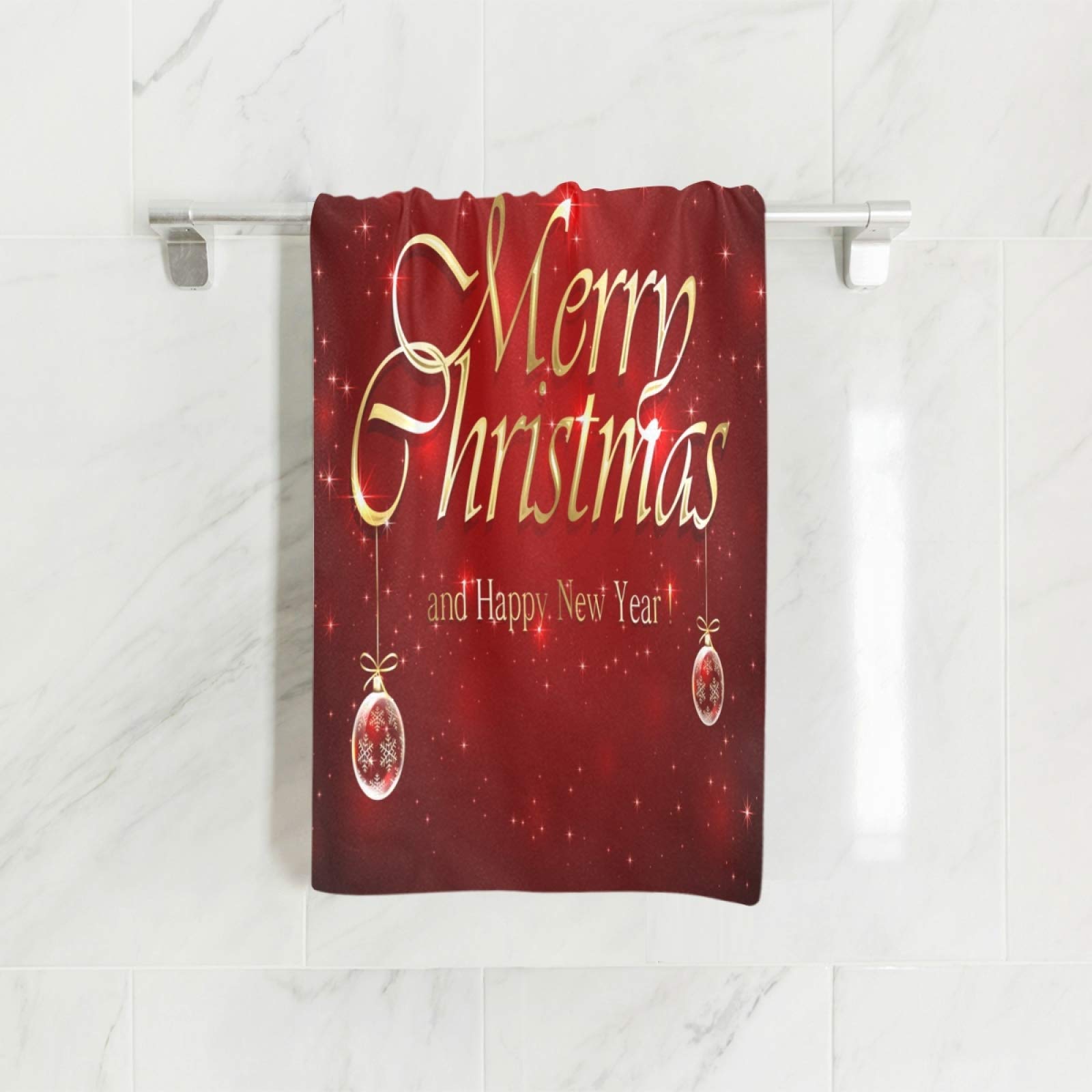 ALAZA Merry Christmas Golden Bell Ball Starry Red Soft Bath Towel - 30 x 15 Inches for Hotel Spa, Hand Gym, Sports & Holiday Decorations - Perfect for Christmas Gifts, Home Decor & Cozy Winter Bathing
