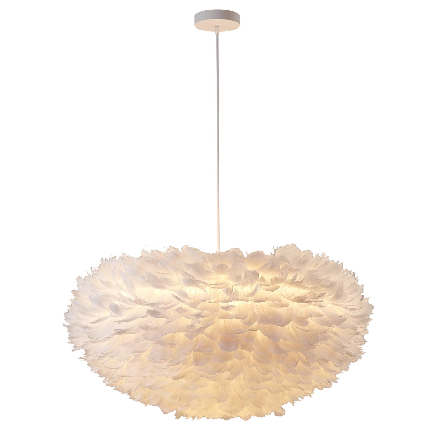 Bethel White Goose Feather Ball Chandelier with White Iron Frame - Elegant Ceiling Light for Living Room, Bedroom, and Dining Room Decor