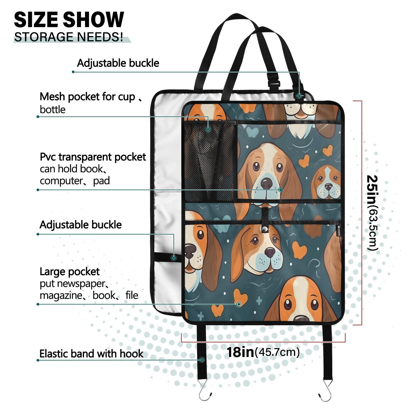 Beagle Dog Cartoon Back Seat Protector 2 Pack - Waterproof Car Kick Mats for Kids with Storage Organizer - Universal Fit for SUV, Truck & Most Vehicles - Perfect for Road Trips & Family Travel
