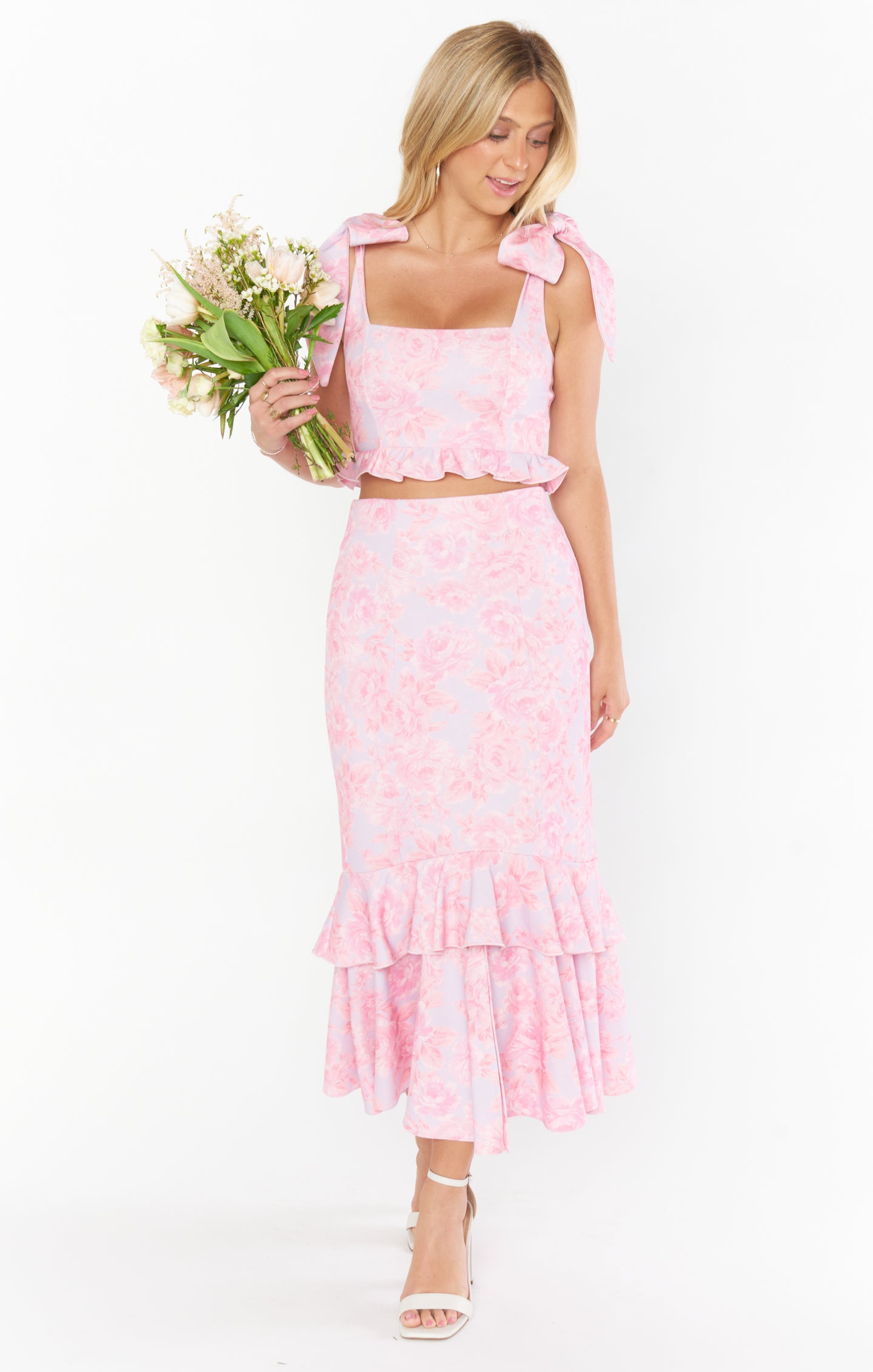 Dutchess Ruffle Skirt - Blushing Floral Stretch Midi Skirt for Women | Summer Floral Print Stretchy Skirt | Perfect for Beach, Party, and Casual Wear