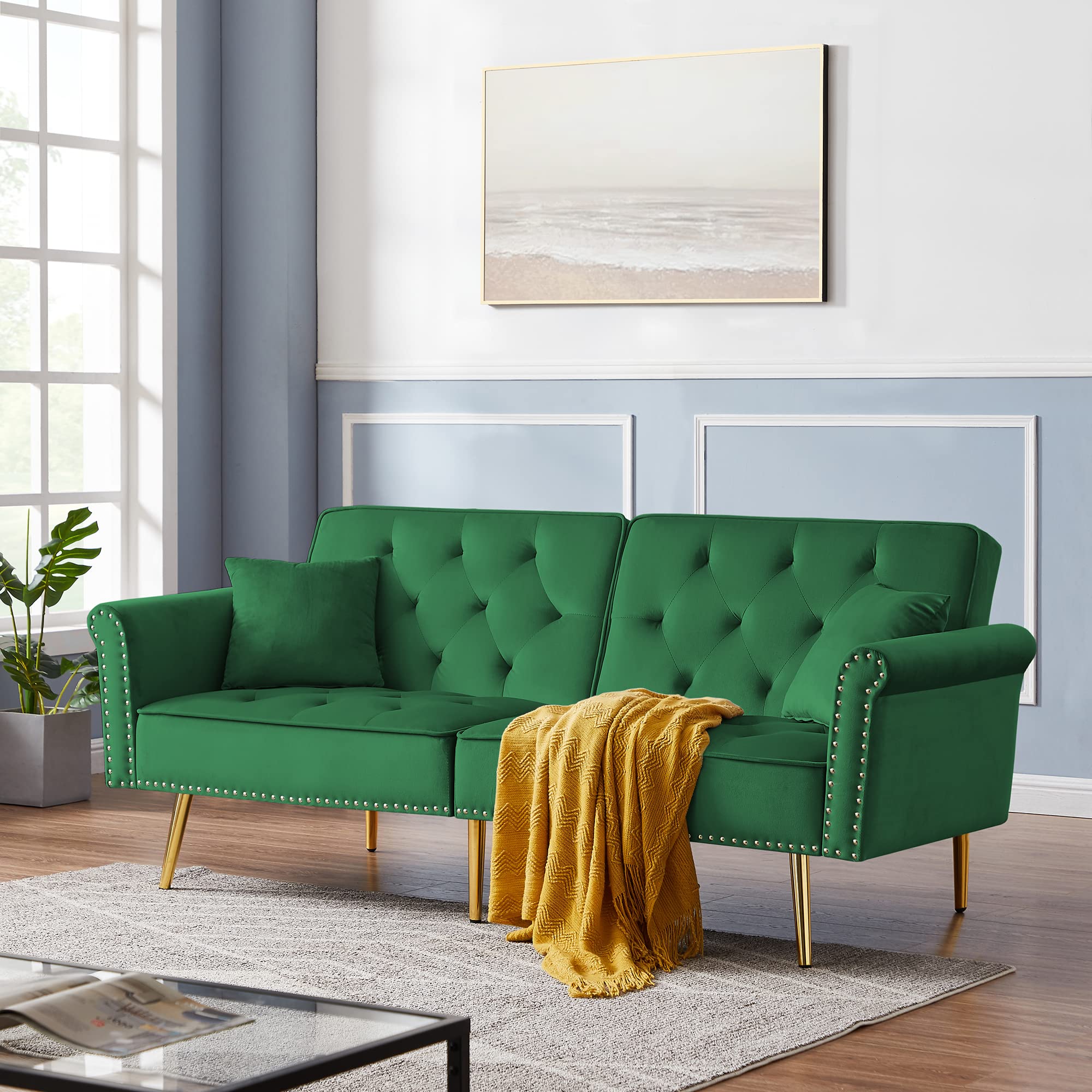 Velvet Tufted Convertible Futon Sofa Bed with 2 Pillows - Nailhead Trim & Metal Legs - Small Space Sofa Bed for Bedroom, Living Room, Apartment - Green with Gold Accent - Perfect for Guest Rooms, Studio Apartments and Cozy Reading Nooks
