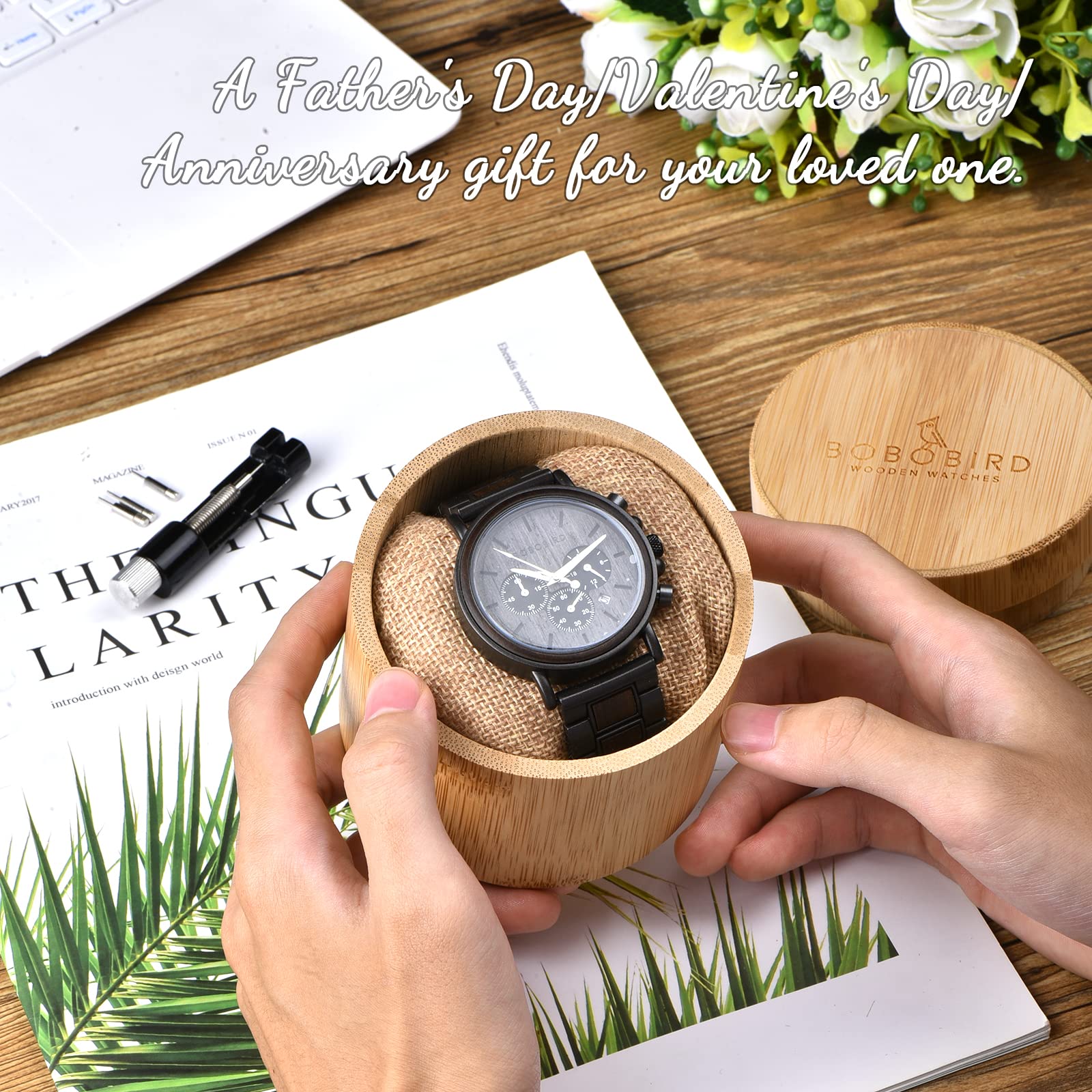 BOBO BIRD Men's Wooden Watches - Wood & Stainless Steel Chronograph Military Quartz Watch for Casual Wear - Perfect for Outdoor Adventures, Business Meetings and Everyday Fashion