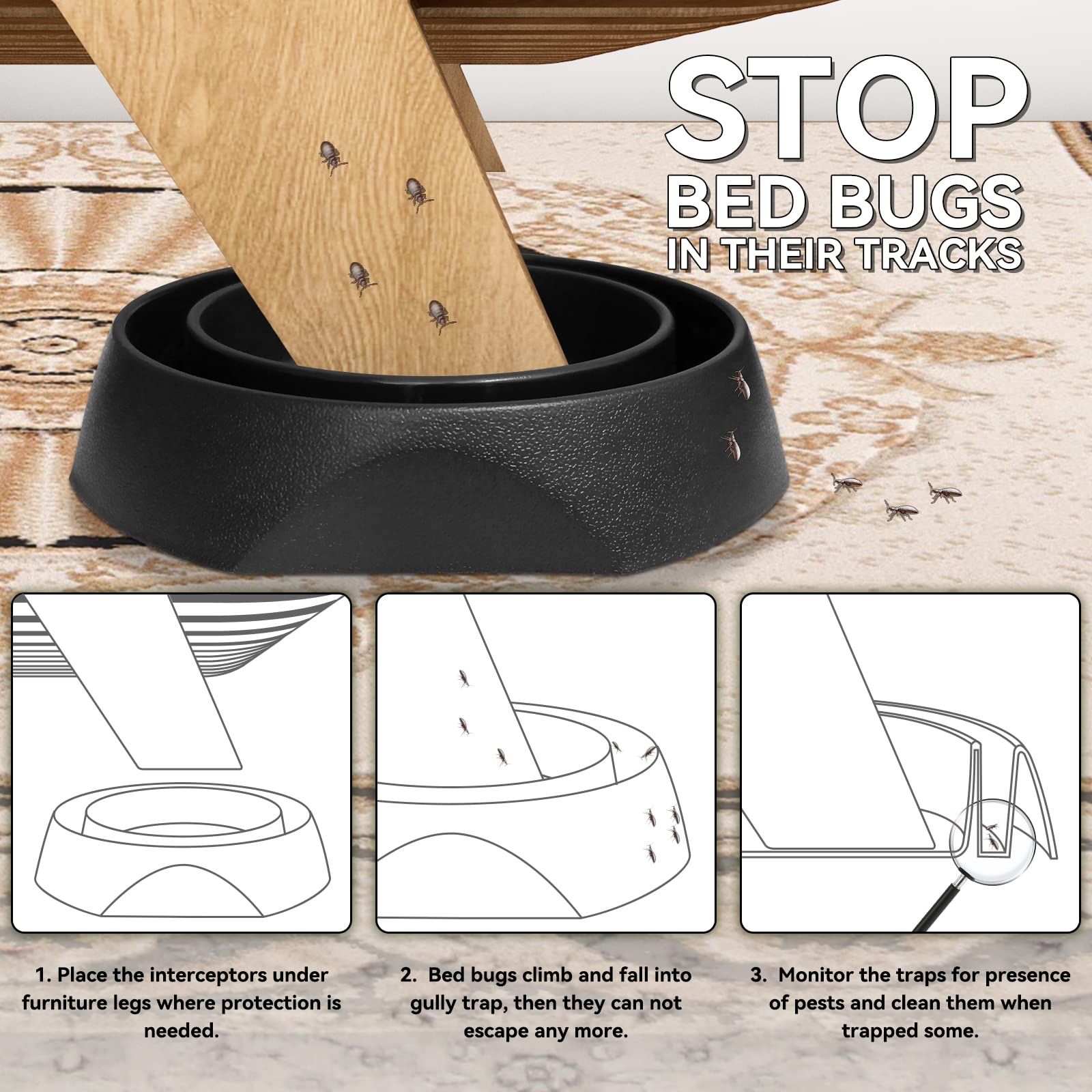 Bed Bug Interceptors with Anti-Skid Pads - Bed Bug Traps & Detectors for Bed Legs (4-Pack, Black) | Prevent Bed Bug Infestations in Homes, Hotels & Dorm Rooms