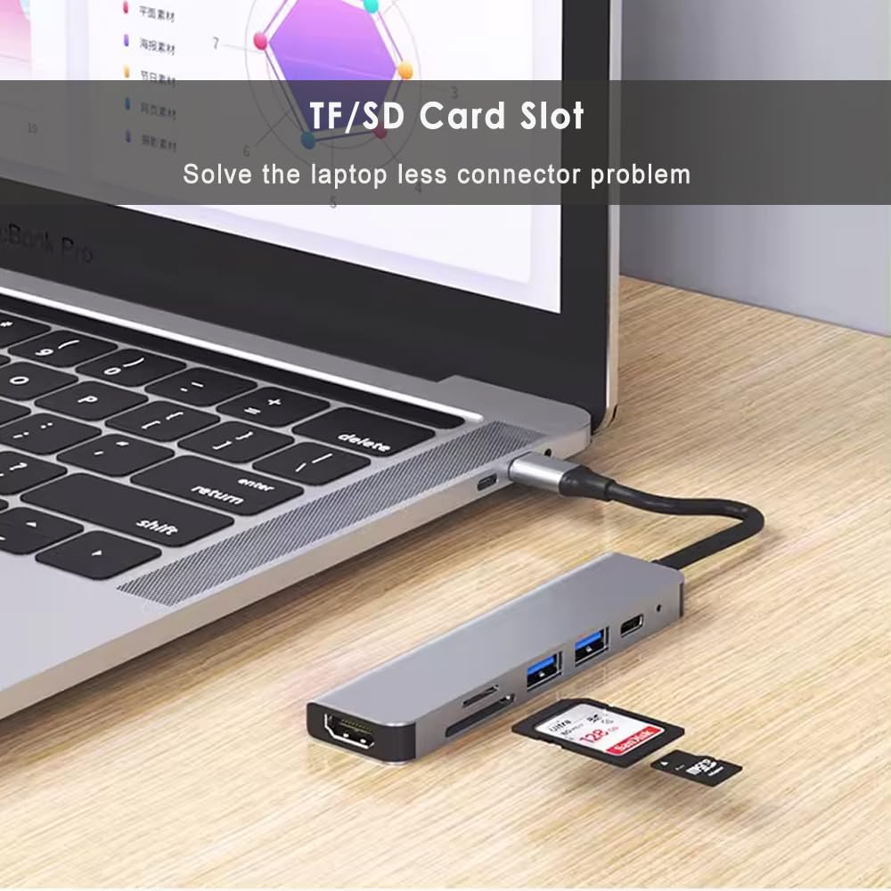 PONICOR 6-in-1 USB C Hub with HDMI 4K, 100W PD Charging, SD/TF Card Reader, USB 3.0/2.0 Ports - USB C Adapter for MacBook Pro/Air, Dell XPS, HP, Chromebook - Perfect for Home Office, Travel & Multi-Screen Setup