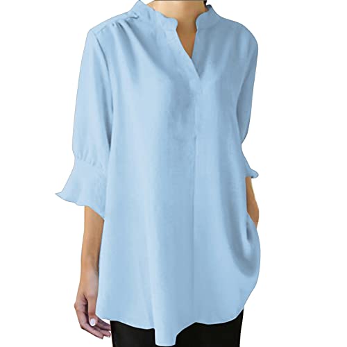 Women's Cotton Long Sleeve V-Neck Blouse - Soft Casual Trumpet Sleeve T-Shirt Top (Light Blue, XL) | Perfect for Work, Date Night & Everyday Wear