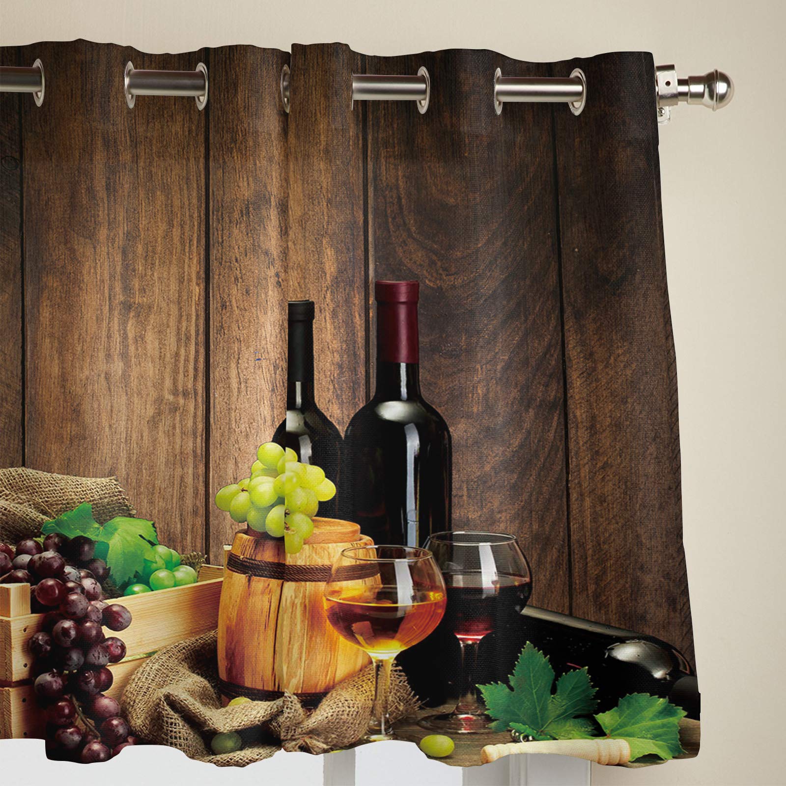 Rustic Wooden Grain Sheer Curtains with Wine Grapes & Barrels Design - 2 Panel Kitchen Tier Grommet Window Treatment (84 Inch Length) for Living Room, Bedroom, Patio Door - Perfect for Farmhouse, Vineyard or Wine-Themed Decor