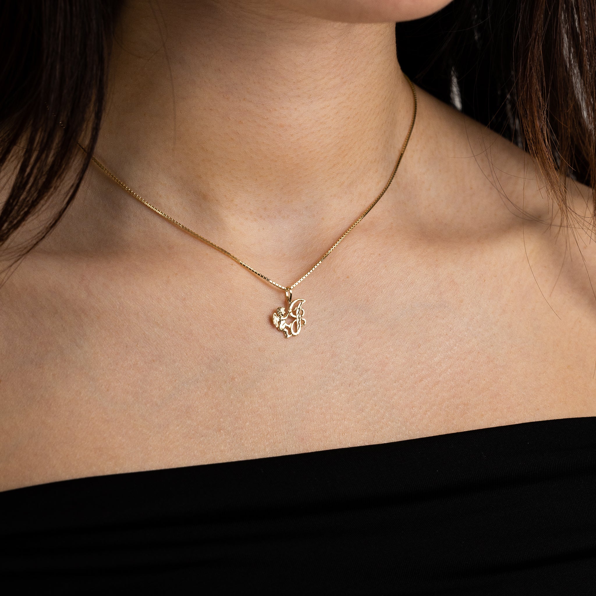 Gold Script Letter E Pendant with Cherub Angel Charm | A-Z Initial Necklace for Women | Perfect Gift for Birthday, Christmas & Special Occasions