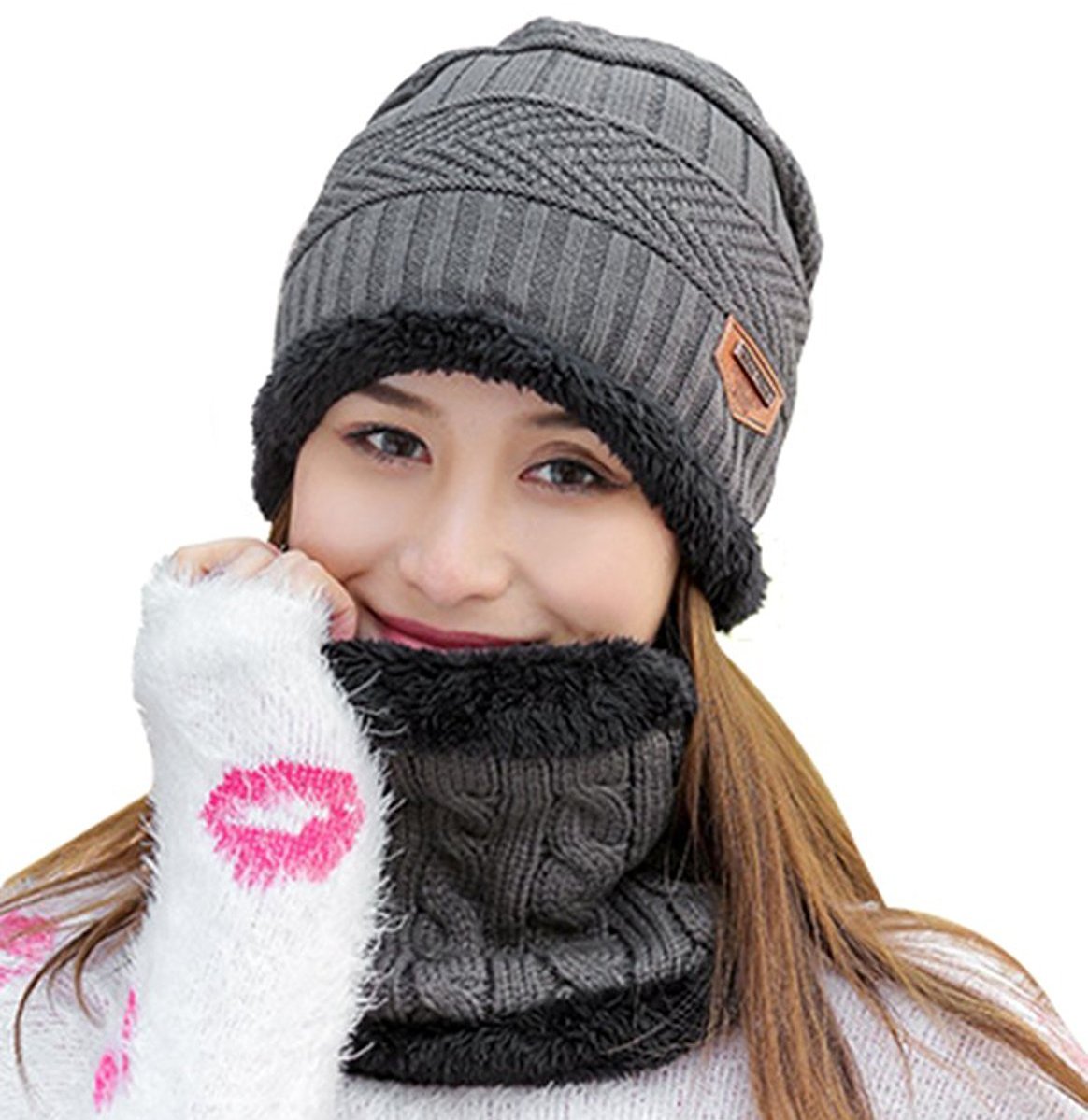 Kuyou Women's Beanie Hat and Scarf Set - Soft Winter Knit Tube Scarf & Warm Fleece Lined Hat for Cold Weather - Perfect for Skiing, Snowboarding, and Outdoor Winter Activities