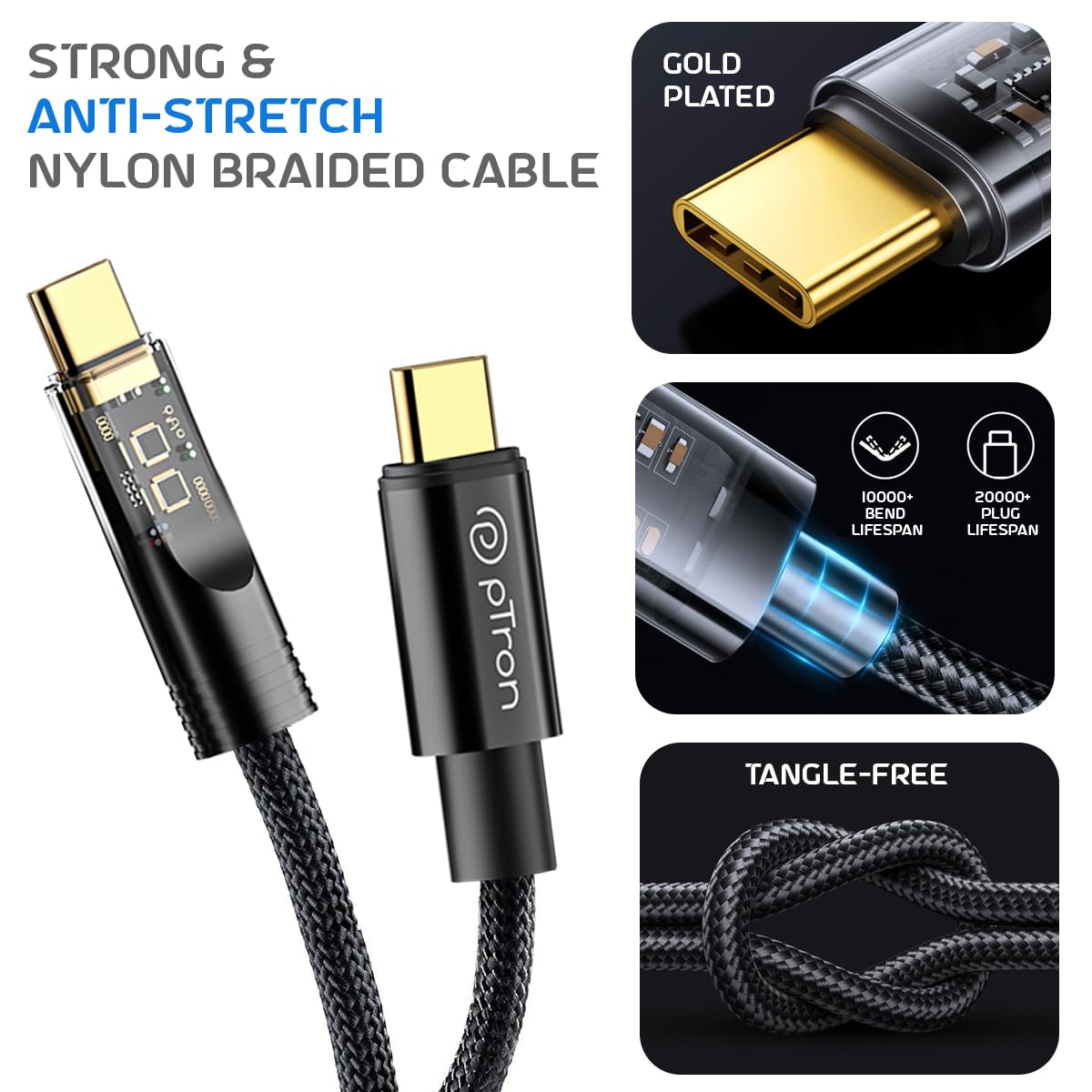 pTron Solero 80W Fast Charging USB Type-C Cable (1M, Black) - High-Speed 480Mbps Data Sync, Durable Nylon Braid - Compatible with Samsung, OnePlus, Oppo, Vivo, Xiaomi & More - Perfect for Travel, Office & Home Charging