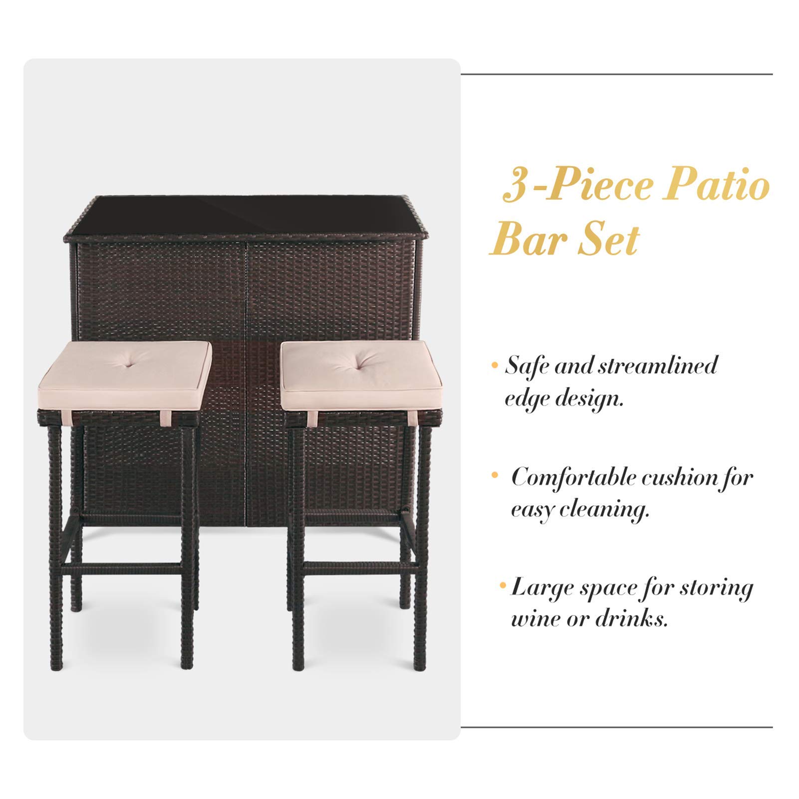 SUNCROWN 3-Piece Outdoor Bar Set - Rattan Wicker Patio Furniture with Glass Table, 2 Stools & Cushions + 9 FT Umbrella - Perfect for Backyard, Garden, Poolside & Outdoor Entertaining (Brown)