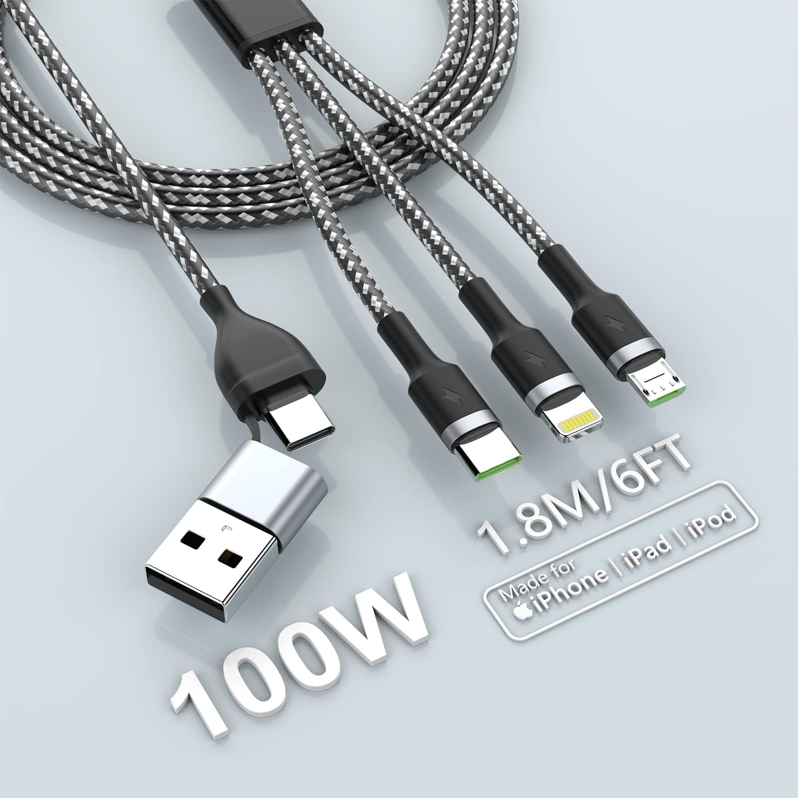 100W USB C Fast Charging Cable 6FT - 6A Braided 5-in-1 Multi Charger with Type C/Lightning/Micro USB - Universal Sync Charger for iPhone 15/14/13, Samsung Galaxy, iPad - Perfect for Travel, Home & Office Use