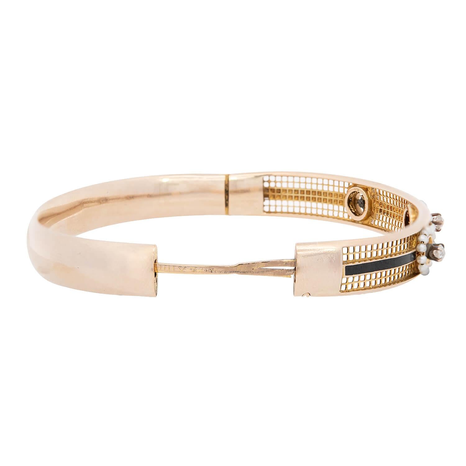 Exquisite Victorian 15K Gold Diamond, Pearl & Enamel Bangle Bracelet - Vintage Jewelry for Weddings, Parties & Special Occasions