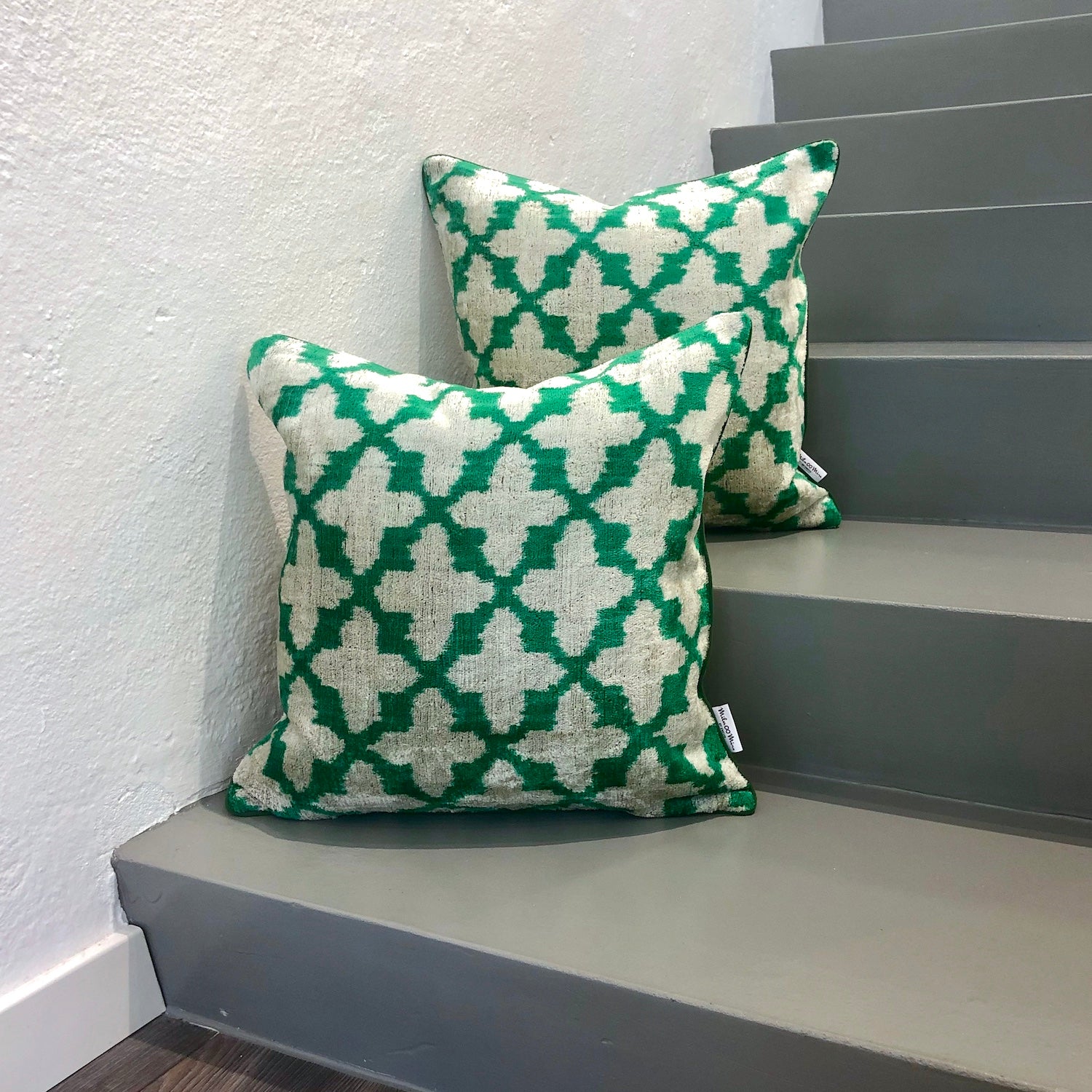 Velvet Ikat Cushion Cover Green Floral Design | Soft Decorative Throw Pillow for Sofa, Bed & Home Decor