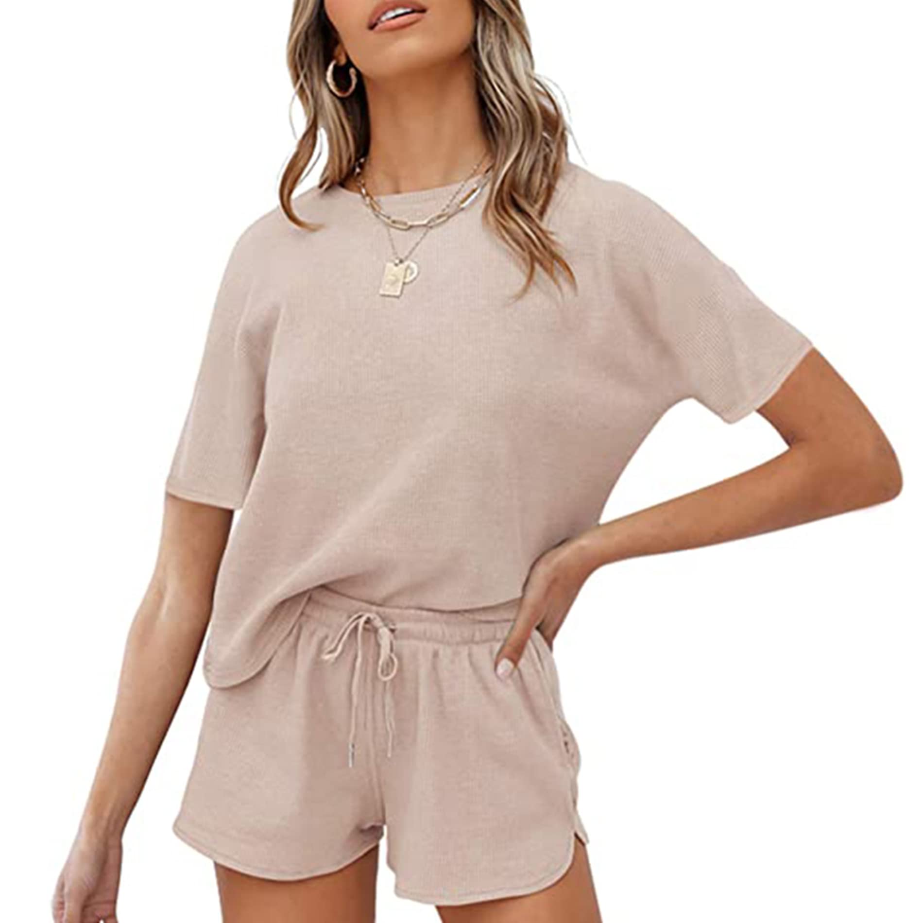 **Songling Women's Waffle Knit Pajama Set - Short Sleeve Crew Neck Top & Shorts - Soft Loungewear for Sleep, Yoga & Relaxation at Home**