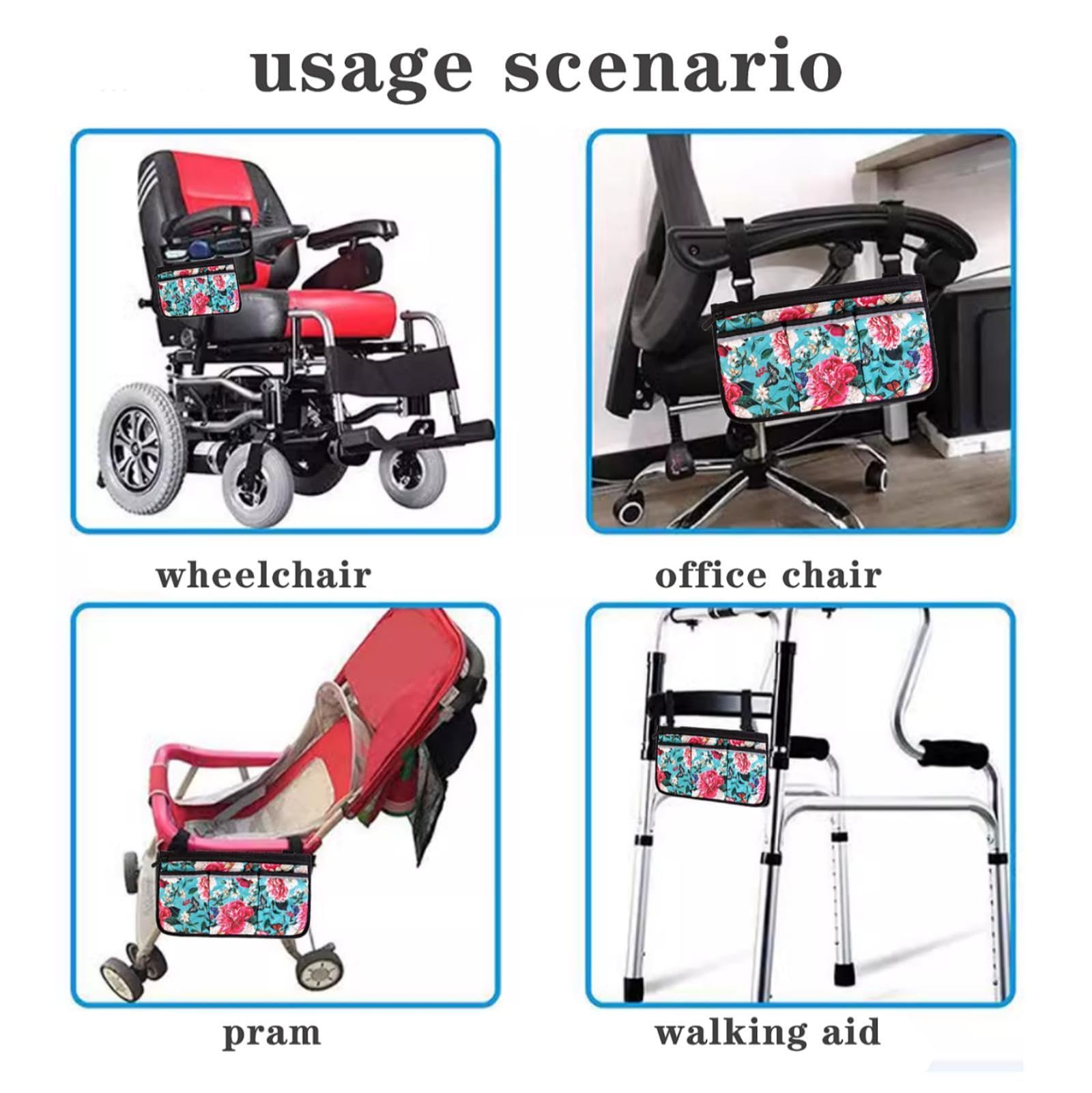Printed Wheelchair Side Bags with Pockets - Durable Walker Accessories for Seniors | Hanging Pouches for Armrests & Mobility Aids | Perfect for Daily Essentials, Medication & Personal Items Storage