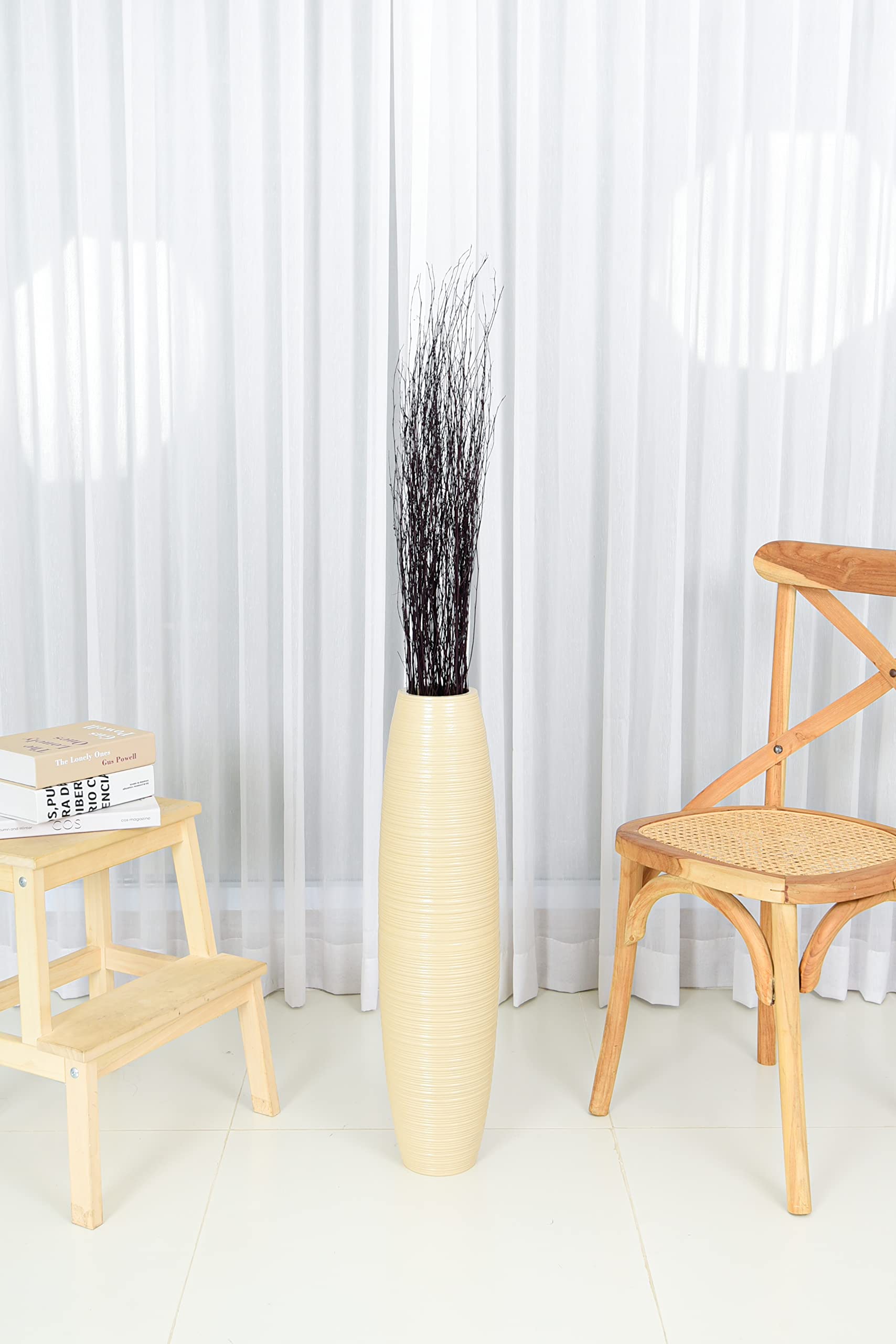 Leewadee 28 Inch Large Cream Floor Vase - Wooden Farmhouse Decor for Flowers, Fake Plants & Pampas Grass - Perfect for Living Room, Bedroom & Entryway Decor