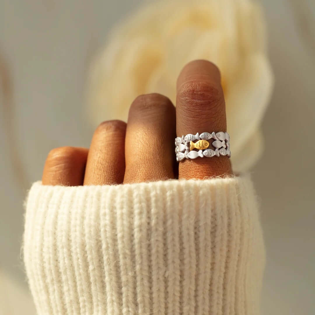 Stylish Silver Fish Layered Stacking Rings Set | Trendy Adjustable Stackable Rings for Women | Perfect for Everyday Wear, Gift Giving & Boho Fashion