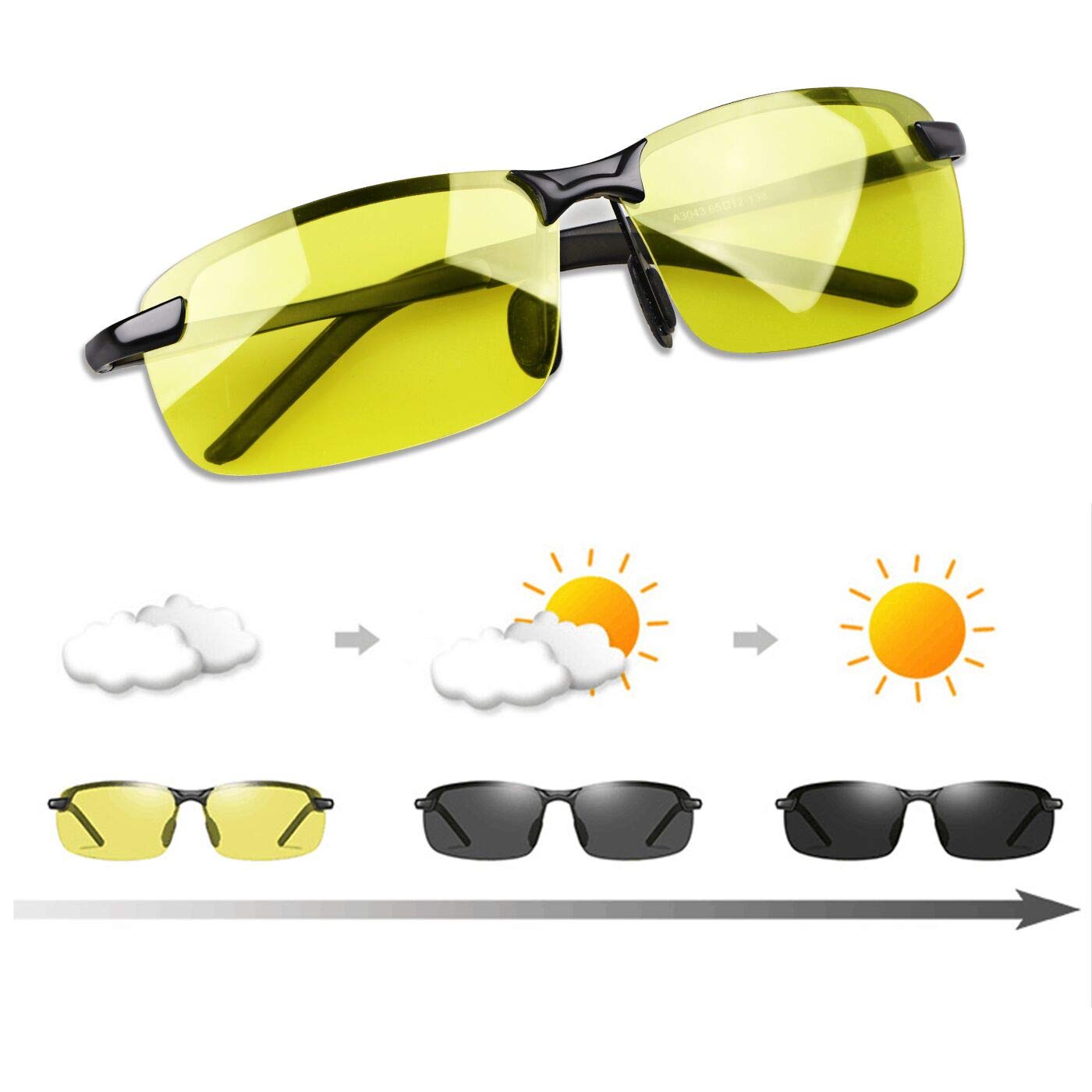 Men's Photochromic Polarized UV400 Sports Sunglasses - Day & Night Driving Glasses for Running, Cycling, Fishing & Outdoor Activities
