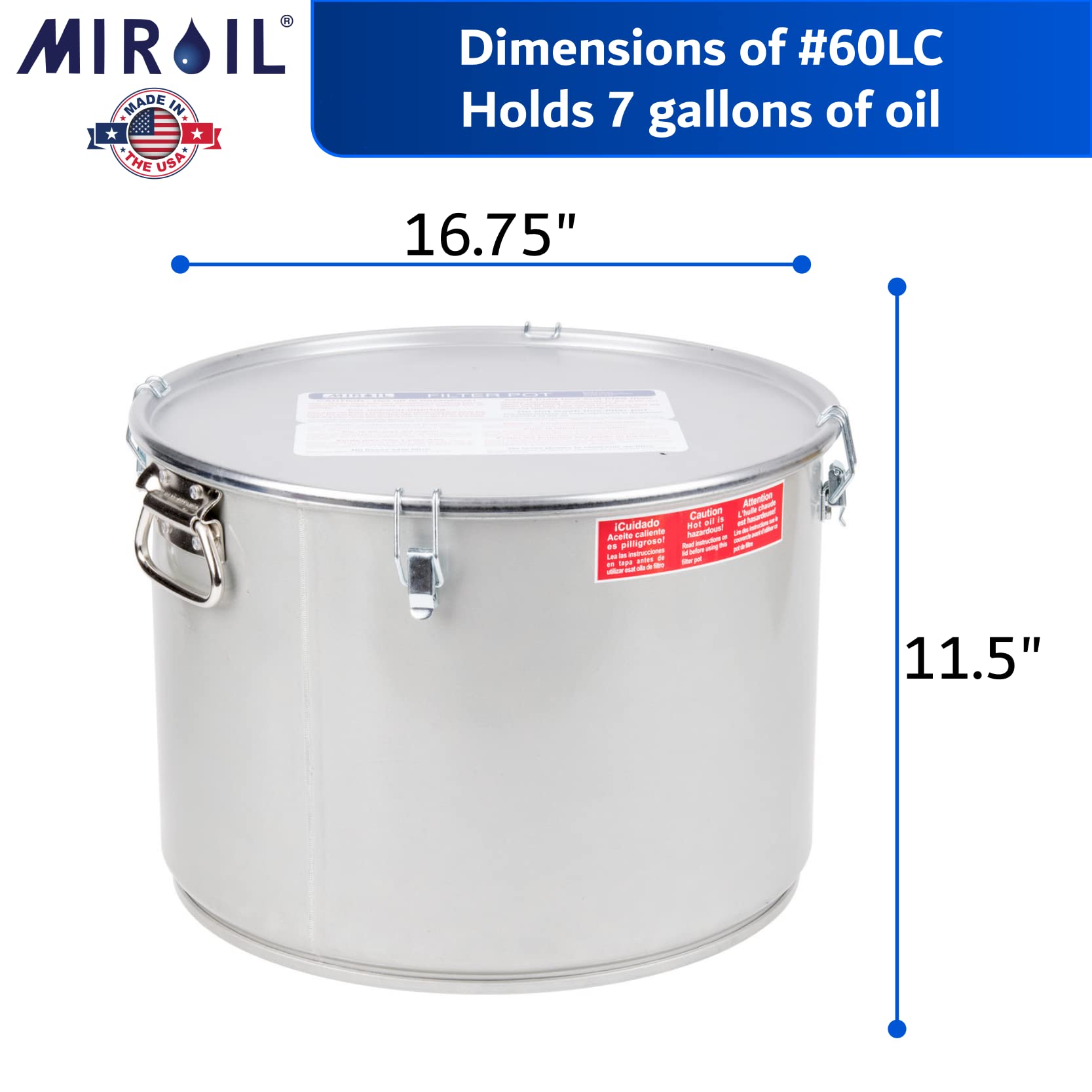 MirOil 7 Gallon Grease Bucket & Oil Filter Pot - Made in USA - Heavy Duty Commercial Deep Fryer Oil Filter System with Safety Lock Lid, 55 lbs Capacity - Low Profile Design Fits Under Drain Valves - Perfect for Restaurants, Food Trucks & Commercial Kitchens
