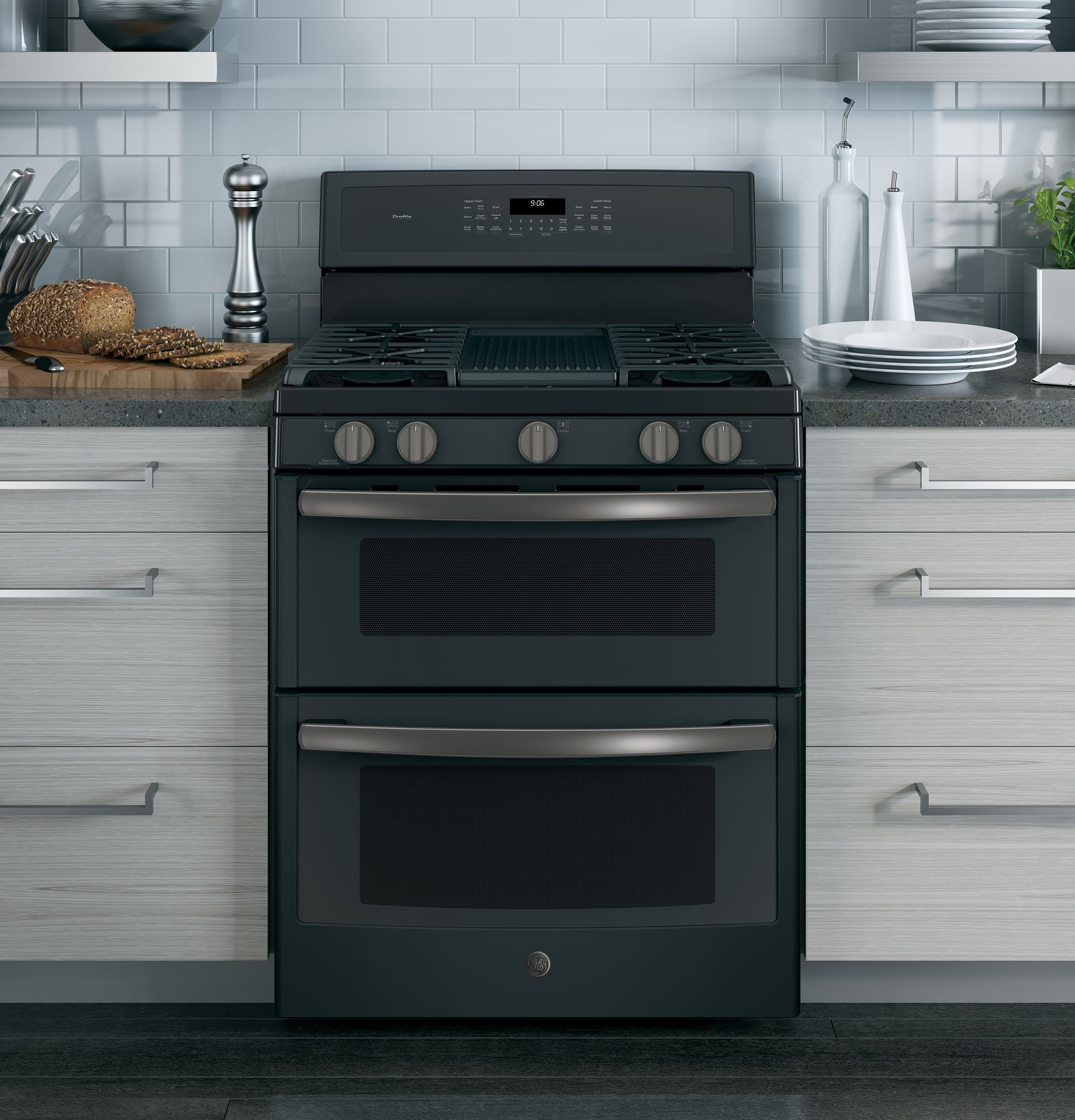 GE Profile Black Slate Freestanding Gas Double Oven Range - 6.8 Cu. Ft. Capacity with 5 Burners & Convection Oven (Model PCGB960FEJDS) - Perfect for Large Family Cooking and Holiday Baking