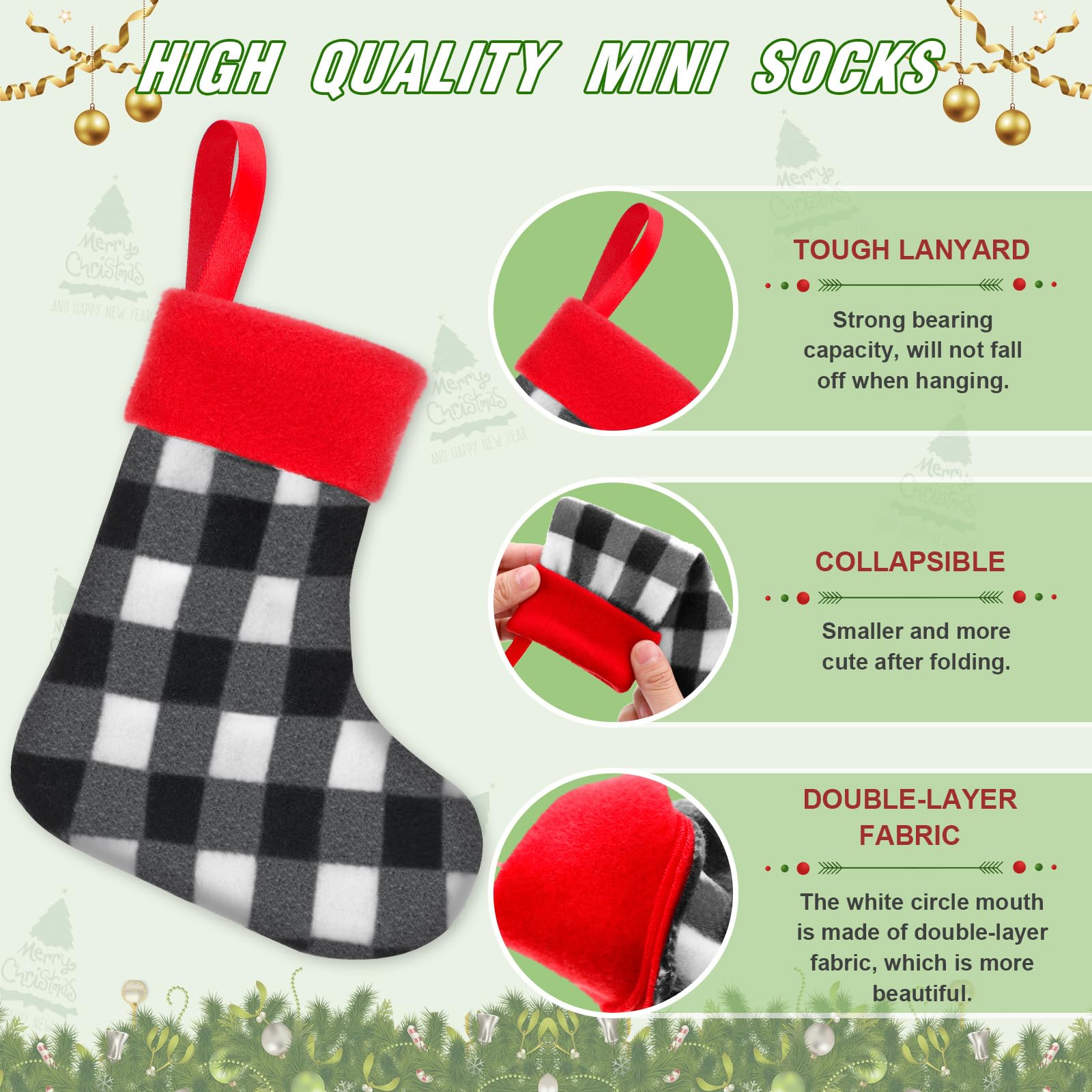 BBTO Mini Christmas Stockings 7 Inch - Plaid Buffalo Pattern Holiday Stocking Ornaments (White & Black, 48 Pack) for Tree Decorations, Gift Bags, Party Favors and Festive Home Decor