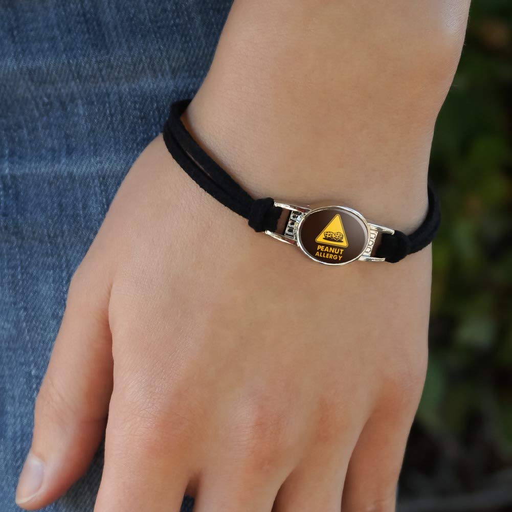 Peanut Allergy Yellow Warning Sign Bracelet - Suede Leather & Metal Novelty Jewelry - Perfect for Food Allergy Awareness & Safety