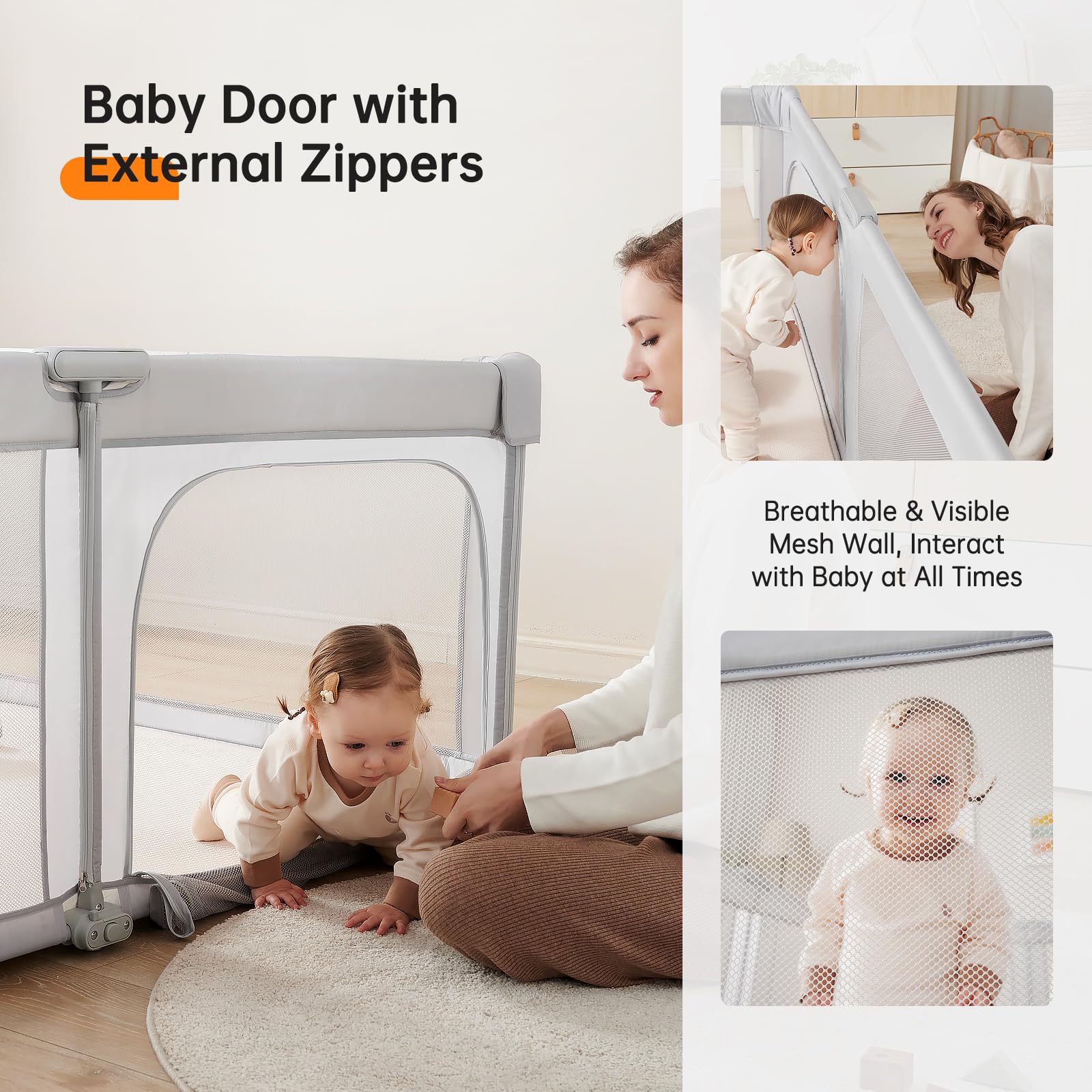 Foldable Baby Playpen - 59”x59” Portable Play Yard for Infants & Toddlers with Zipper Door | Indoor & Outdoor Safety Play Area | Light Grey Collapsible Playpen with Travel Bag | Perfect for Home, Park, and Travel Use