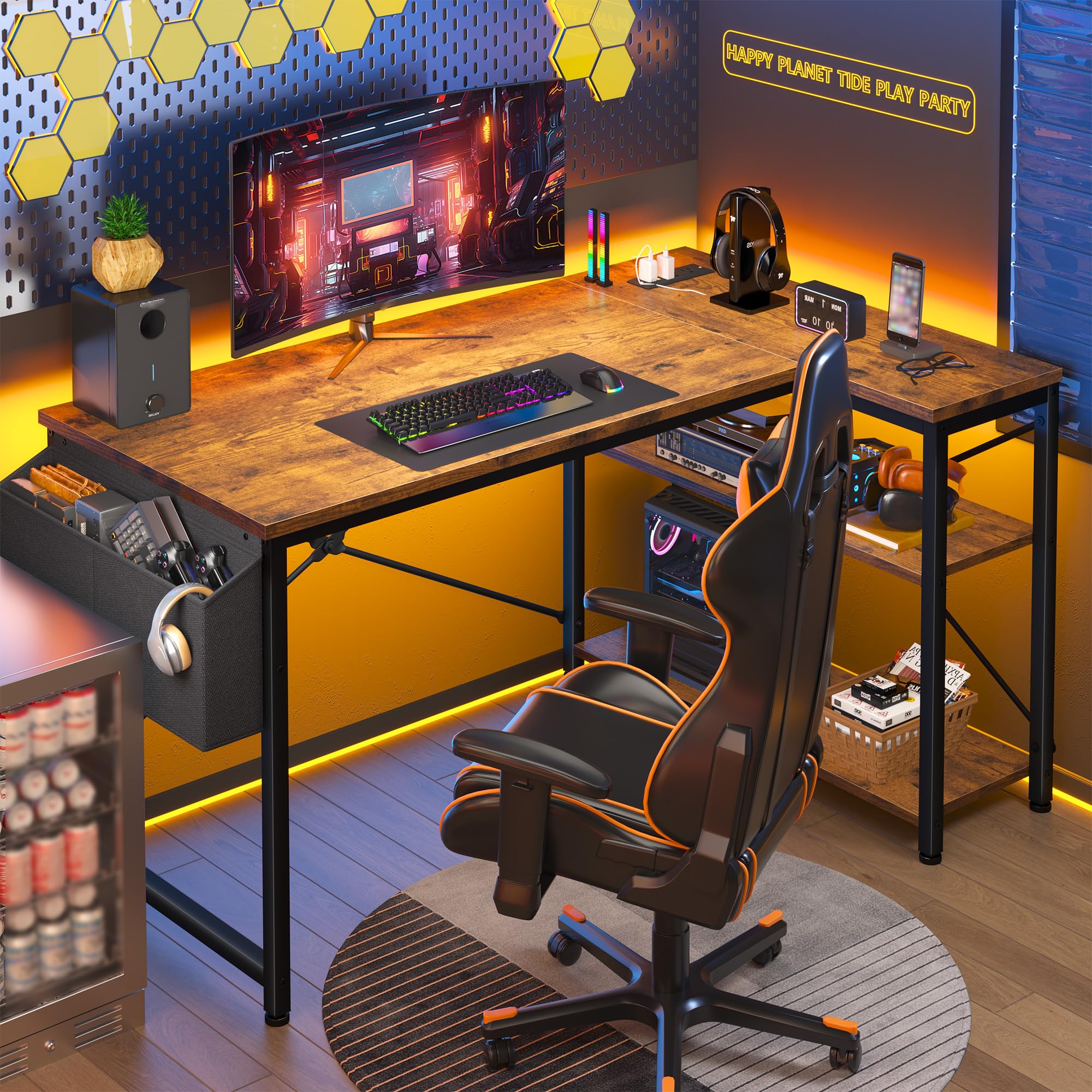 48 Inch L-Shaped Gaming Desk with Storage Shelves, Power Outlets & Side Bag - Reversible Computer Desk with X-Shaped Support for Home Office, Bedroom, Study - Rustic Brown Wooden Workstation for PC Gaming, Remote Work & Online Study