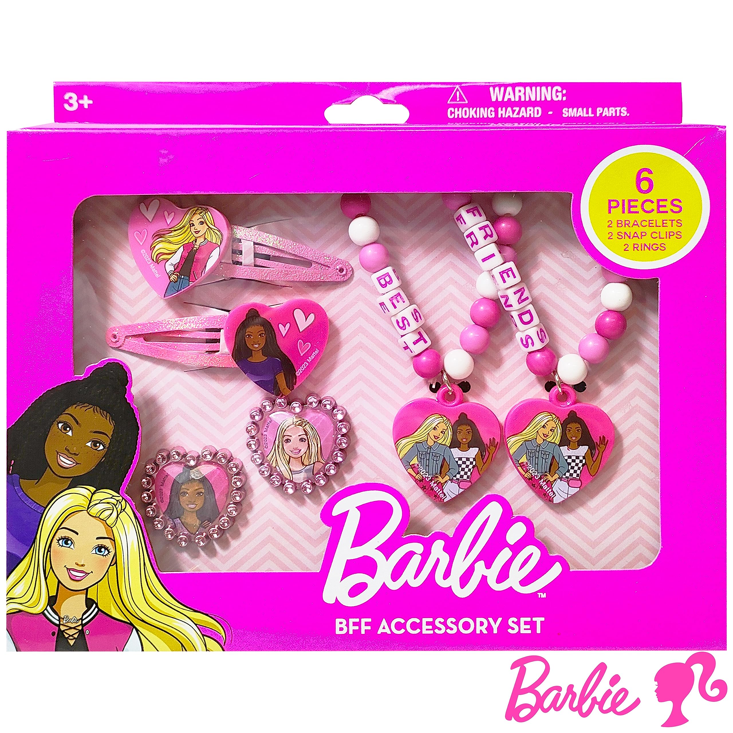 LUV HER Barbie Toy Jewelry Set for Girls - 6 Piece Accessory Box with 2 Rings, 2 Beaded Bracelets & Snap Hair Clips - Perfect Gift for 3+ Year Old Kids - Birthday Party, Dress Up Play & Pretend Play Accessories