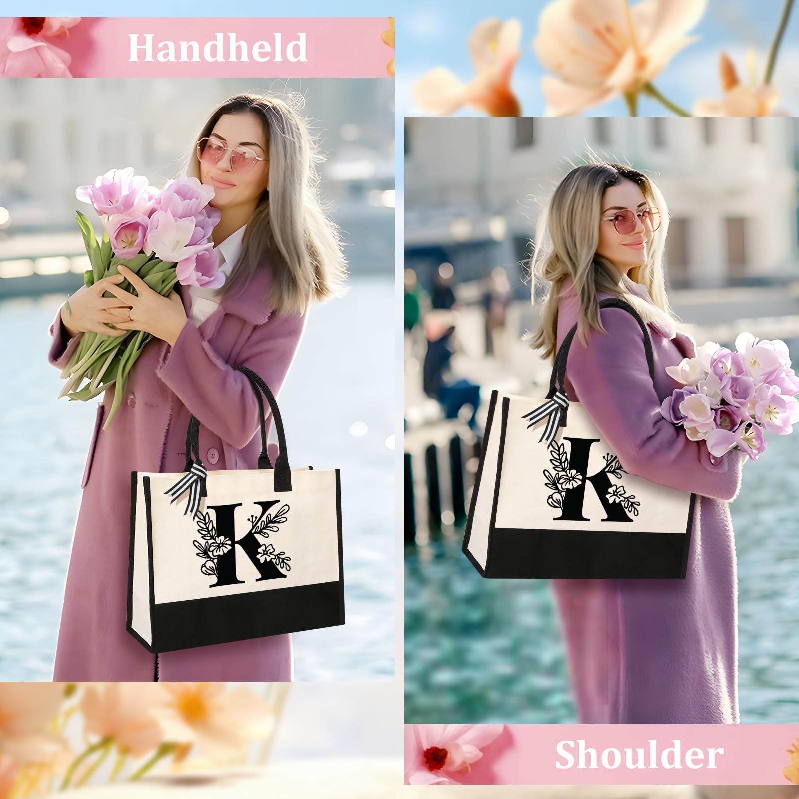 Personalized Initial Canvas Tote Bag - Custom Monogrammed Gift for Women, Mom, Teachers, Nurses, Best Friends & Bridesmaids - Perfect for Birthday, Wedding, Beach & Holiday - Great for Shopping, Work, Travel & Everyday Use (Letter K)