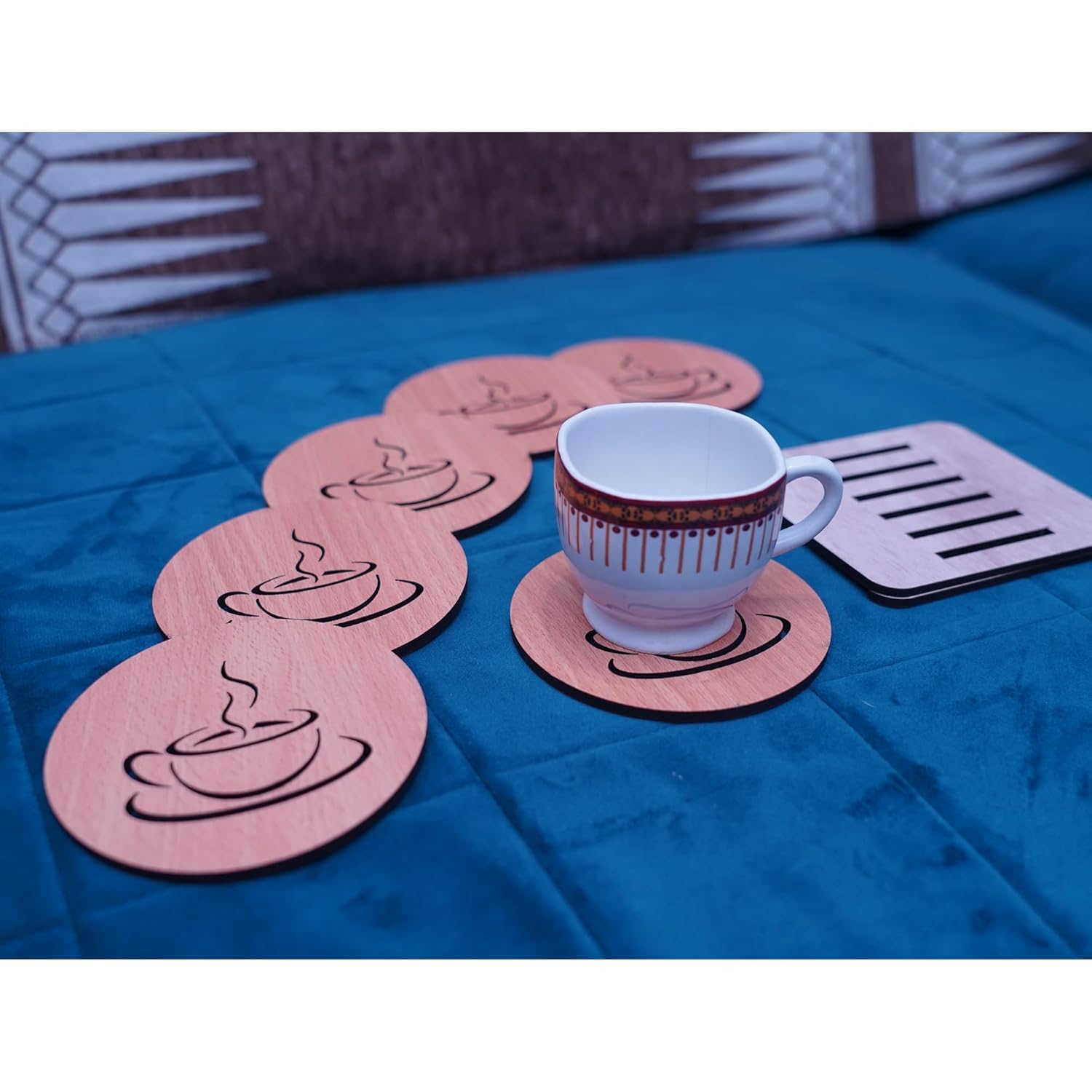KERMIS Wooden Coaster Set of 6 with Stand - Absorbent Drink Coasters for Coffee, Tea & Glasses - Protects Furniture from Water Rings & Stains - Perfect Dining Table Decor & Housewarming Gift (9.5 x 9.5 cm) - Ideal for Home, Office, Restaurants & Coffee Shops
