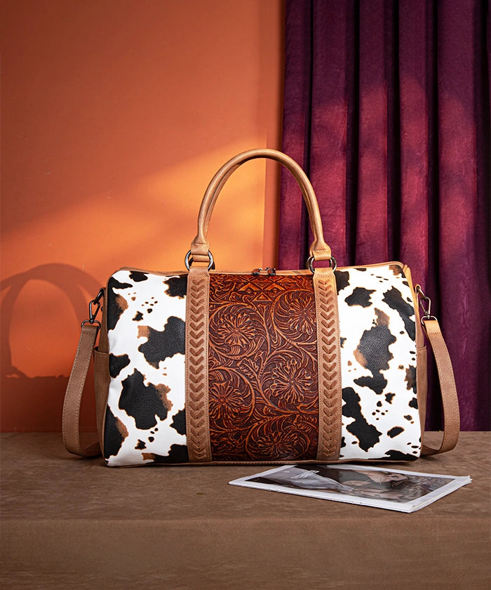 Montana West Floral Tooled Cow Print Duffle Bag - Stylish Travel & Gym Bag for Women, Perfect for Weekend Getaways & Workouts