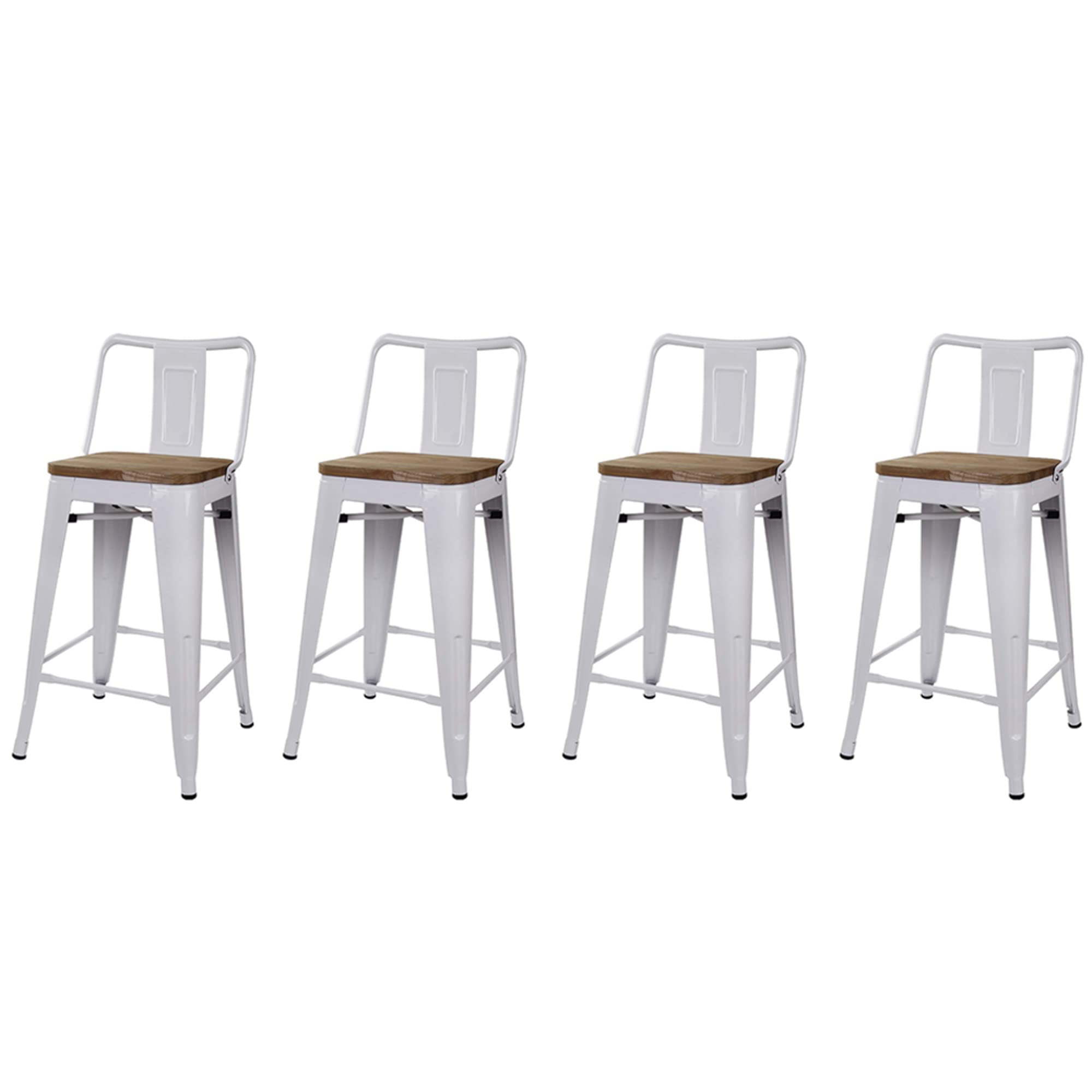 LEEJAY Commercial Grade Indoor Metal Bar Stools Set of 4 - 24 Inch High Back White Counter Height Barstools with Light Wooden Top, 12