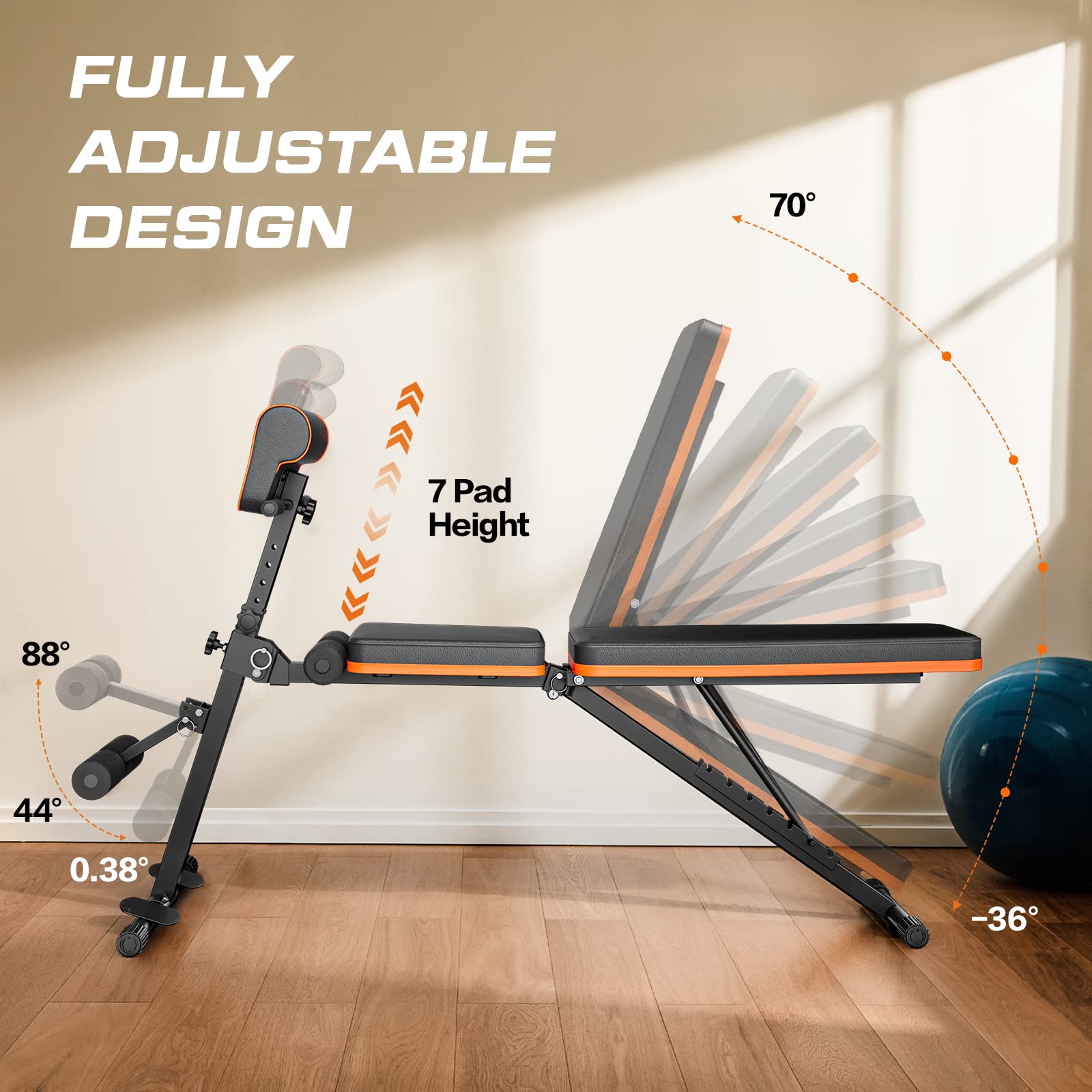 PERLECARE Adjustable Weight Bench for Full Body Workout - 772lbs Capacity Foldable Flat/Incline/Decline Exercise Bench with Resistance Bands | Perfect for Home Gym Strength Training & Cardio Workouts