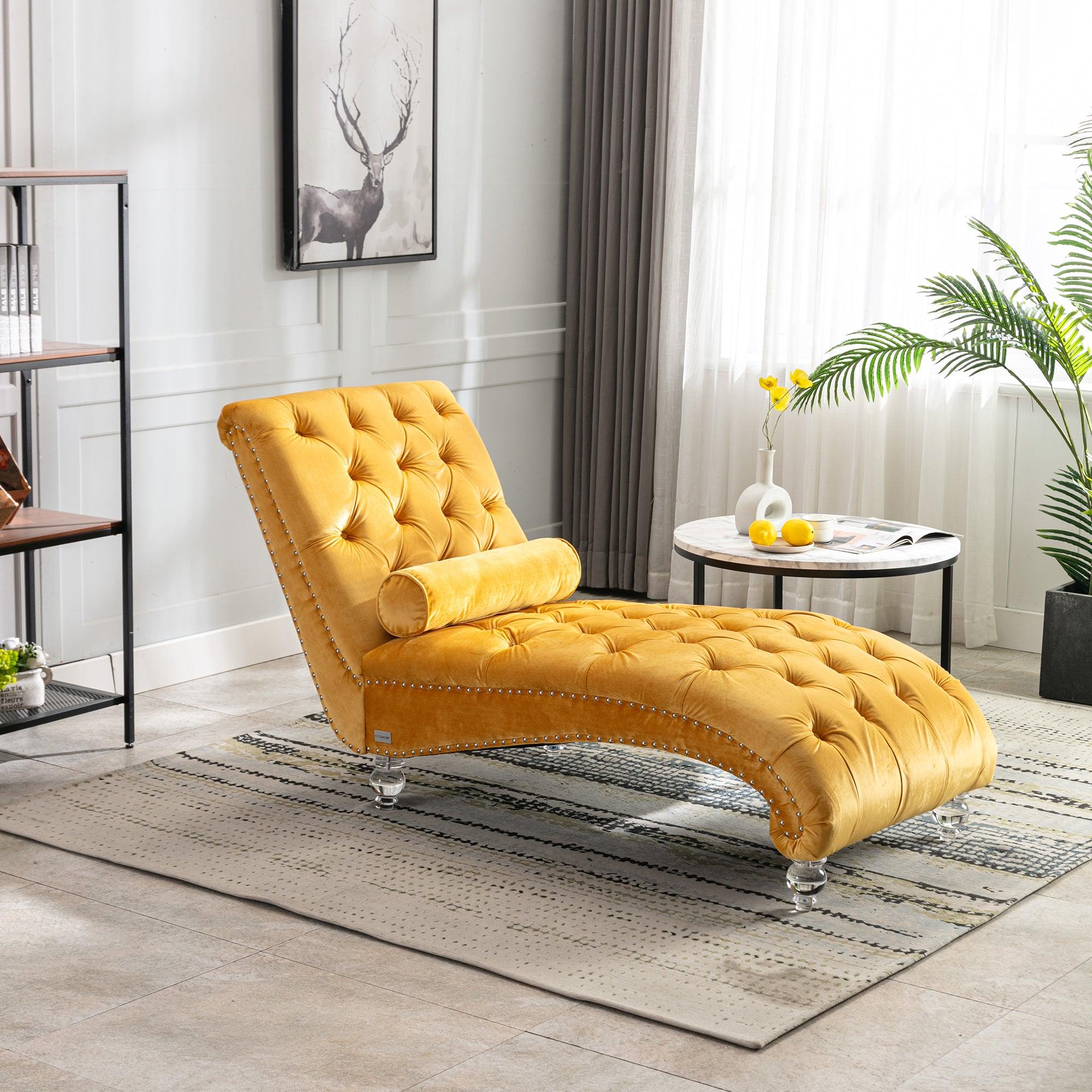COOMORE Velvet Chaise Lounge Chair - Button Tufted Upholstered Sofa with Pillow, Mustard Velvet for Bedroom, Living Room & Office | Perfect for Reading Nook, Lounge Area & Home Decor