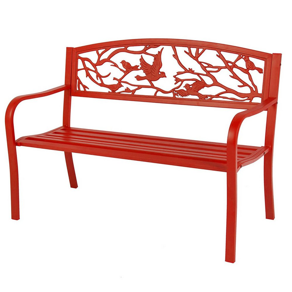Red Metal Frame Outdoor Bench Seat - Weatherproof Patio Loveseat with Back & Armrests for Garden, Park, Porch - Durable Conversation Couch for Outdoor Relaxation & Socializing - Includes Free eBook by BADA Shop