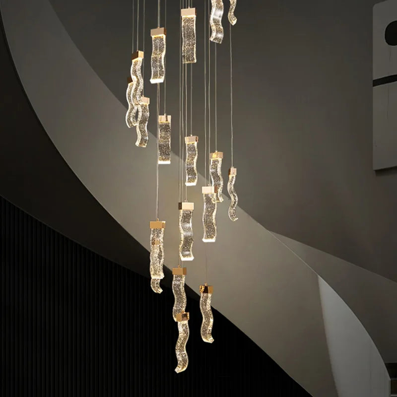 Modern Gold Long Crystal Chandelier - Elegant Hanging Light Fixture for Staircase, Hallway & Entryway - Perfect for Home Decor, Luxury Lighting & Interior Design