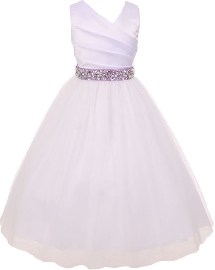 Elegant V-Neck Rhinestone Belt Flower Girl Dress for Little Girls - BluNight Collection | Perfect for Weddings, Parties & Special Occasions