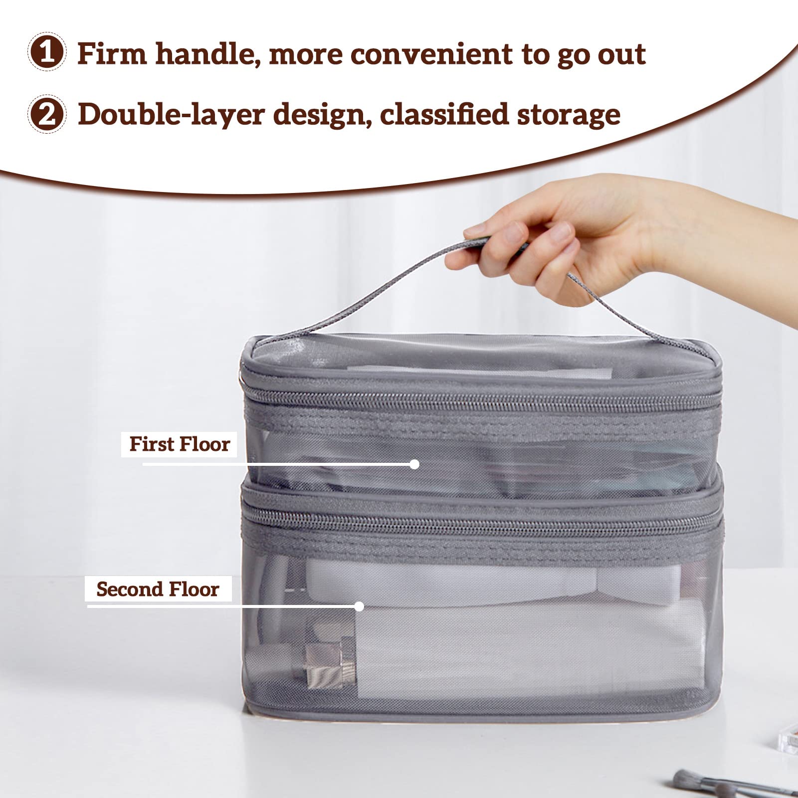 Double Layer Makeup Bag with Large Mesh & Dual Zippers - Waterproof Travel Cosmetic Organizer Pouch for Makeup Brushes, Toiletries & Accessories (Gray) | Perfect for Travel, Gym & Daily Beauty Storage