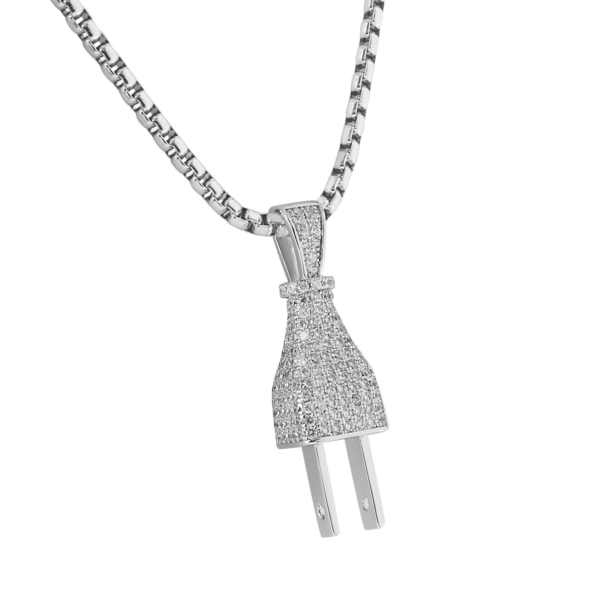 14K White Gold Plated Pendant Socket with Lab Diamonds - 24 Inch Chain for Switch Plug - Elegant Jewelry for Parties, Gifts & Special Occasions